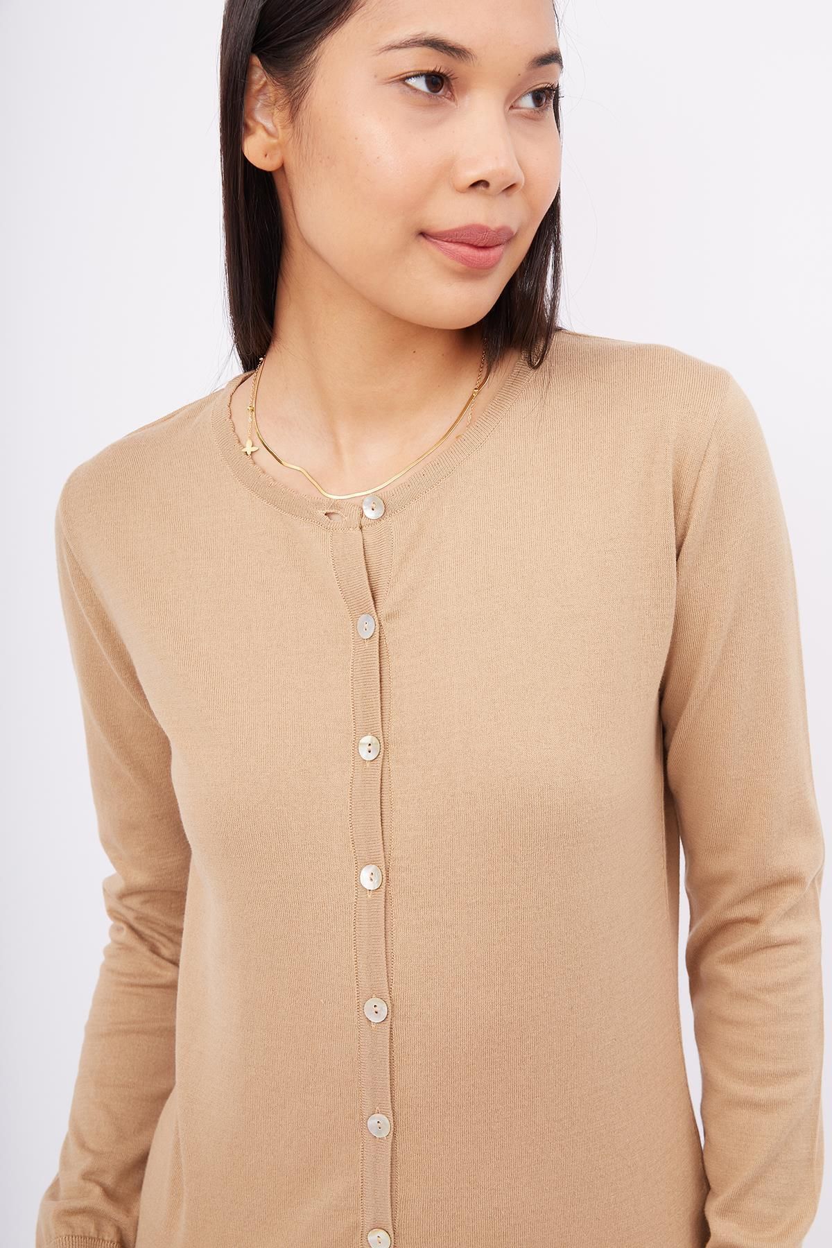 Peraluna-Mıla Cardigan Crew Neck Camel Knitwear Cardigan pentru femei - Basic Cotton 3