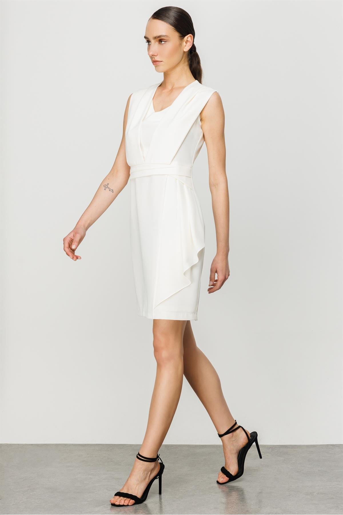 Moda İlgi-Modailgi Sleeveless Flounce Detailed Dress Ecru 2