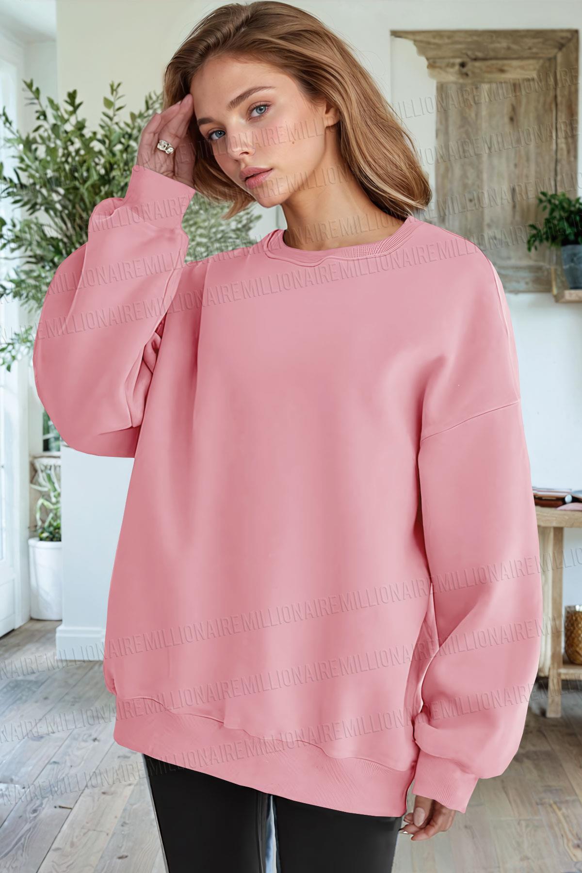 Millionaire  Kadın Pembe Basic 0 Sıfır Yaka Baskısız Düz Oversize Salaş Bol Kesim Polar Sweatshirt - Görsel 2