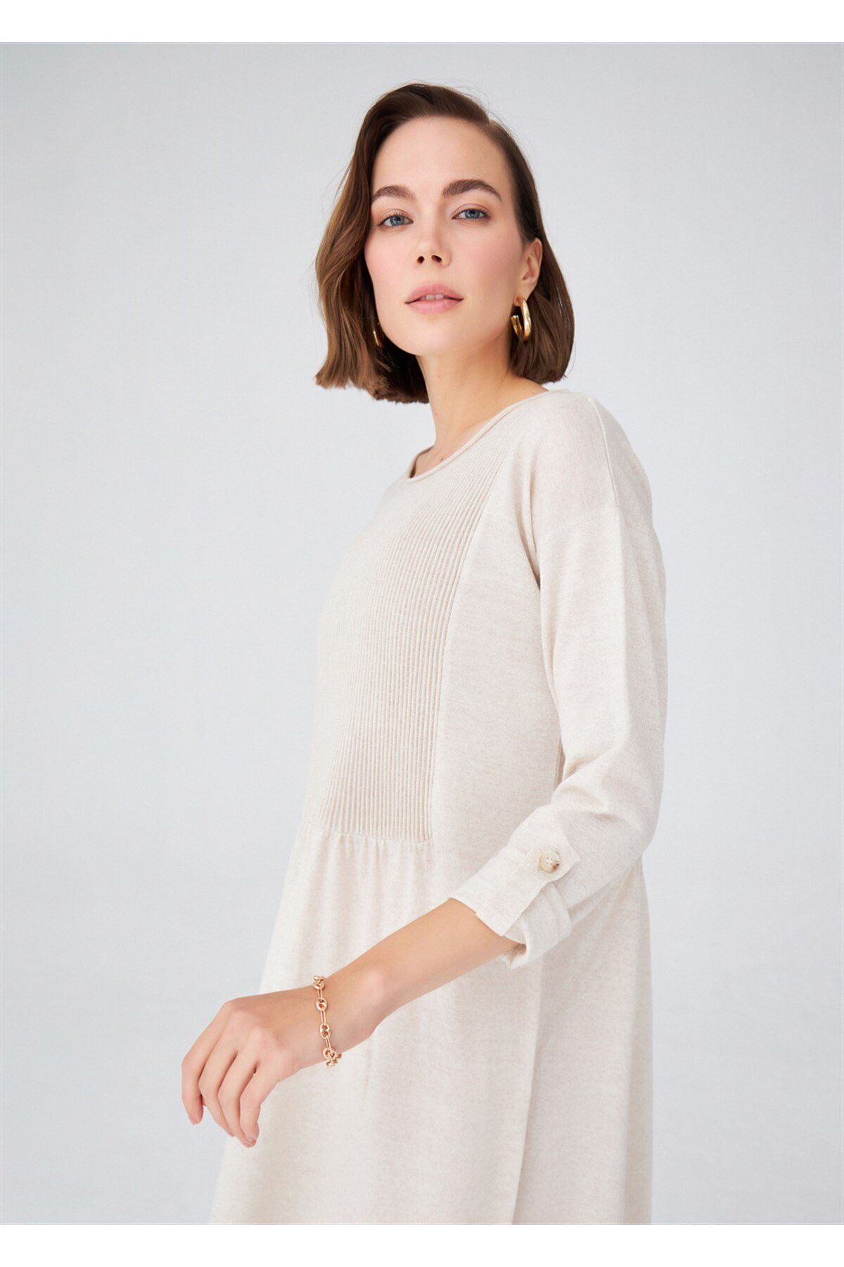Peraluna-Robe Detailed Loose Cut Merino Wool Blend Long Women's Knitwear Dress - Ecru Melange 5