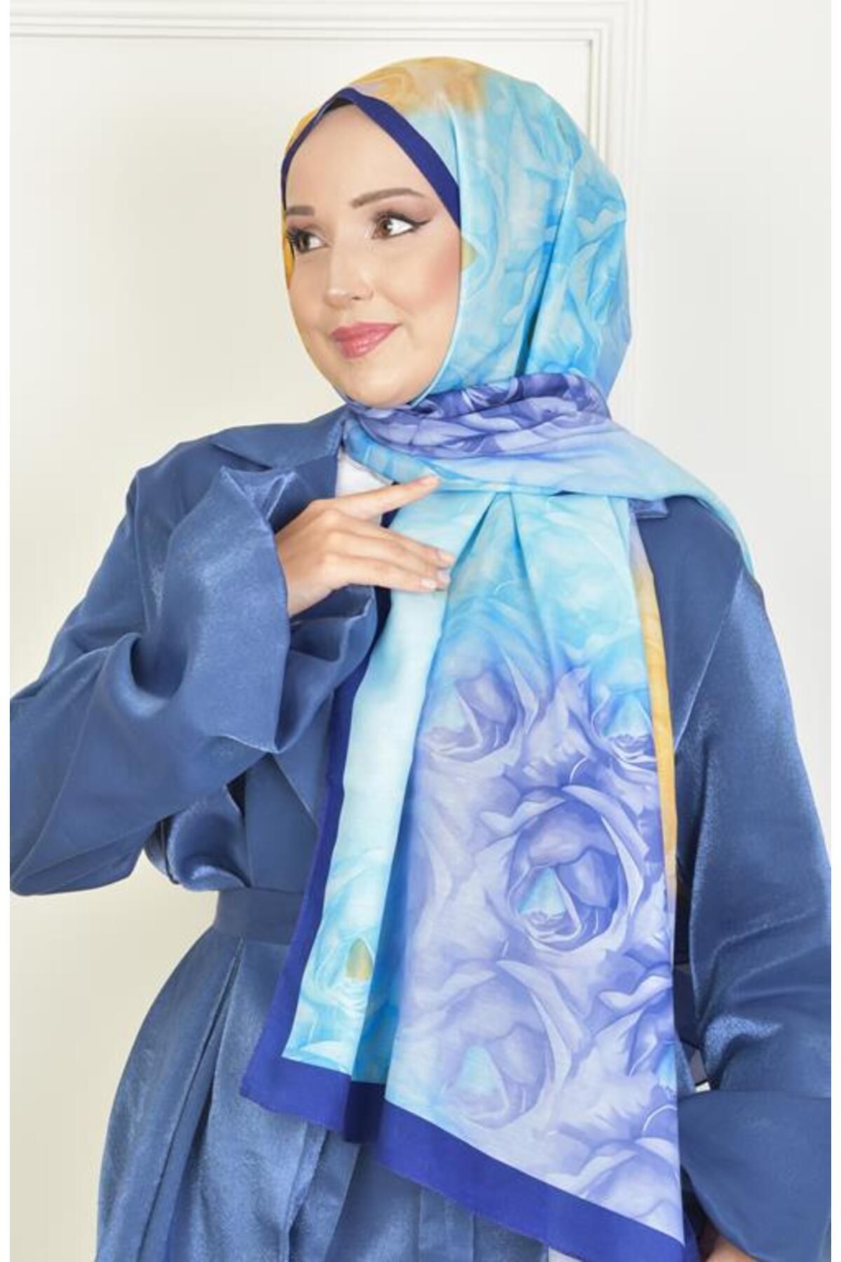 BURDEN IPEK-Navy Blue Rosebud Soft Cotton Patterned Shawl 3