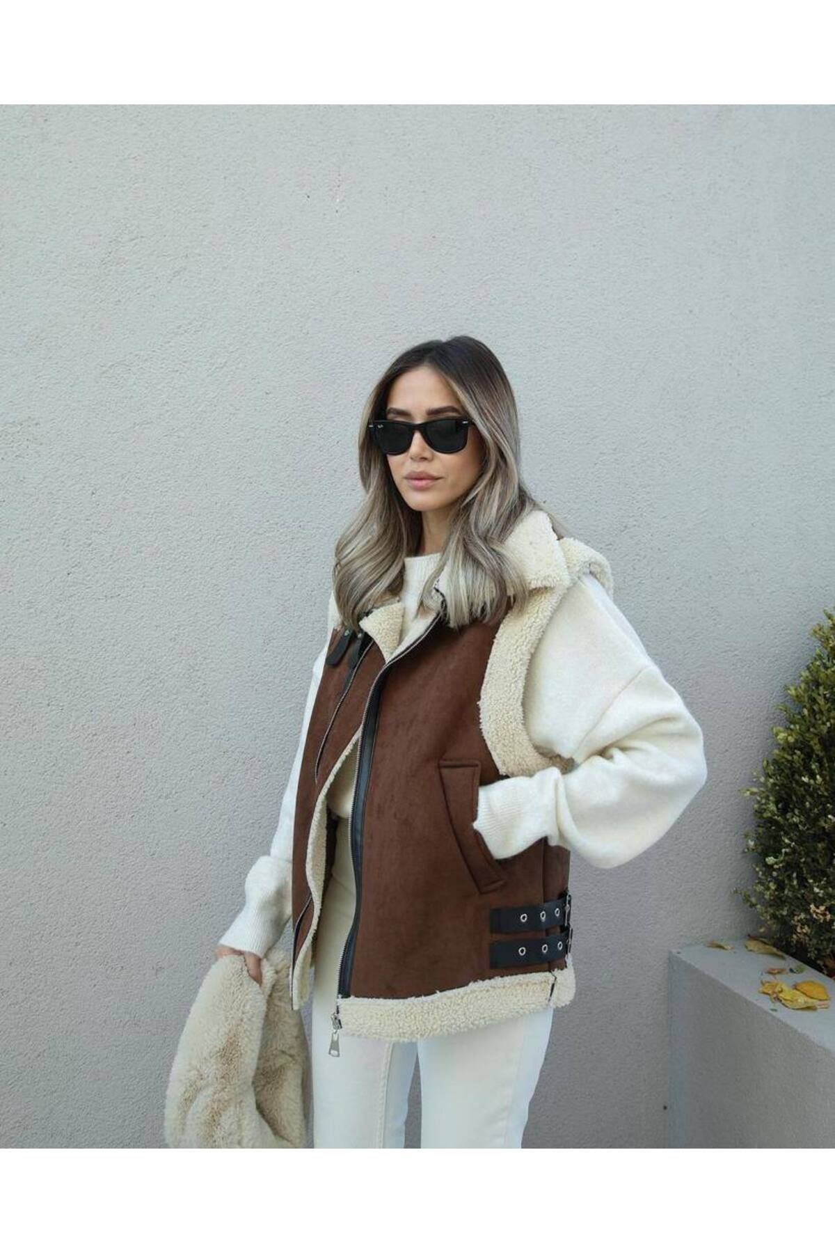 Moda Mix Avcılar-Pelzige Wildleder-Look-Weste für Damen 4