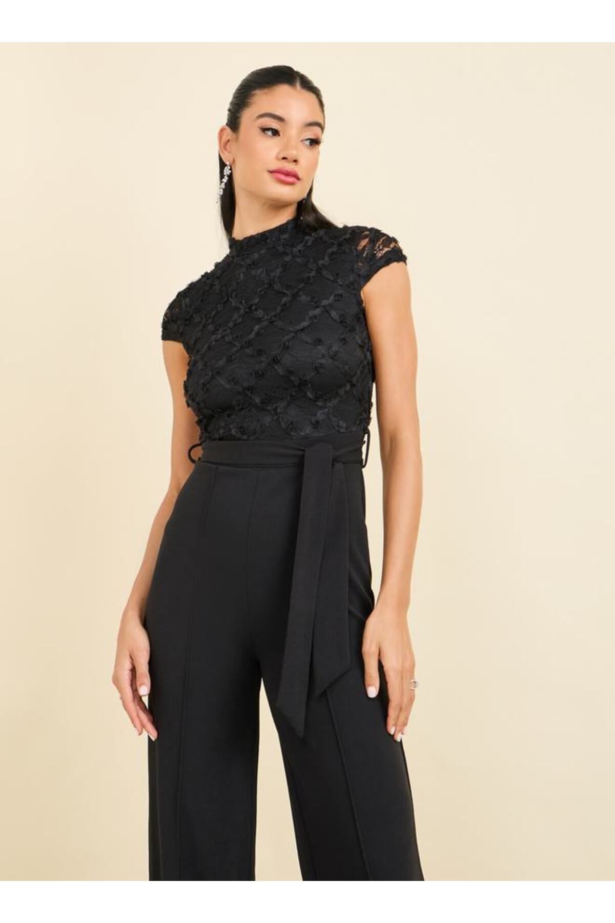 Styli-Floral Applique Lace Textured Wide Leg Jumpsuit with Self Tie Up 6