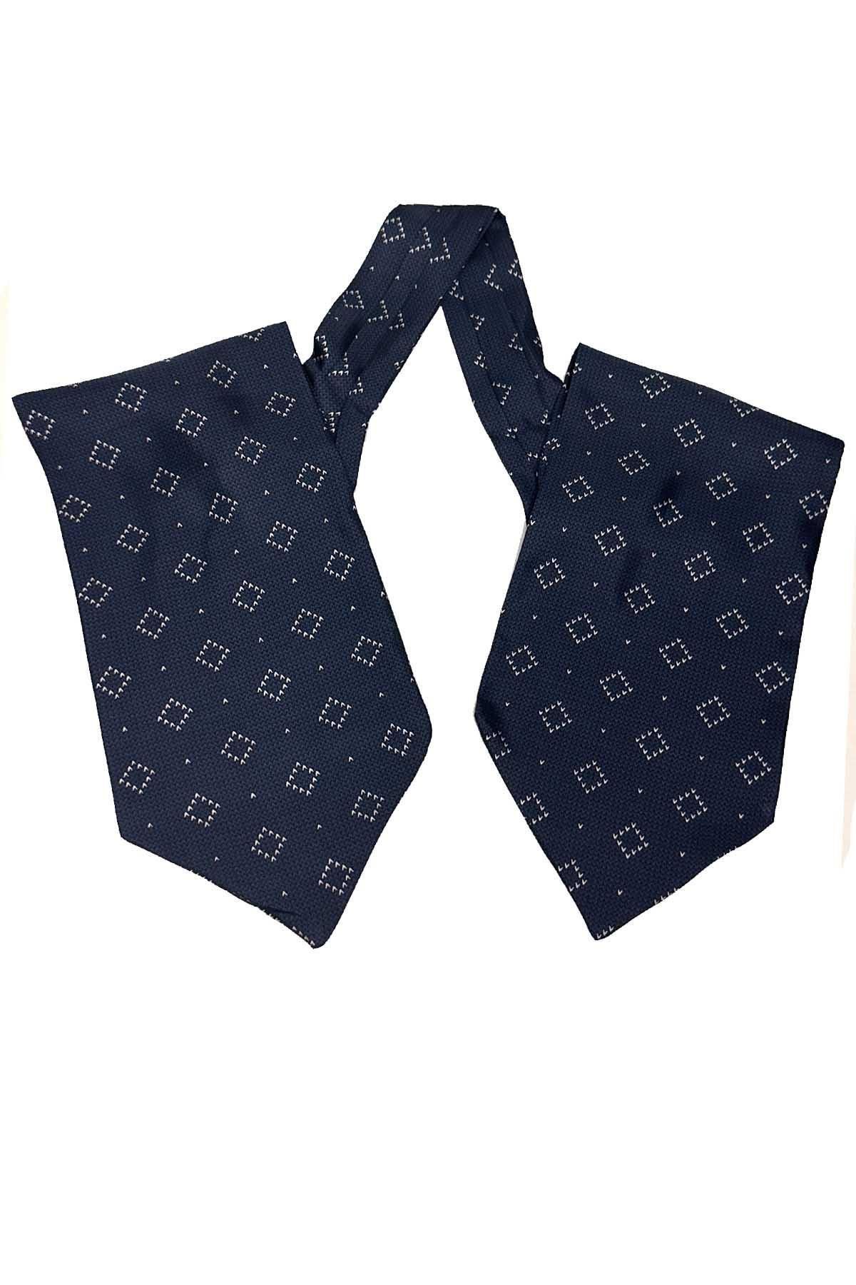 Kravatkolik-Navy Blue Square Pattern Italian Silk Men's Ascot K620 4