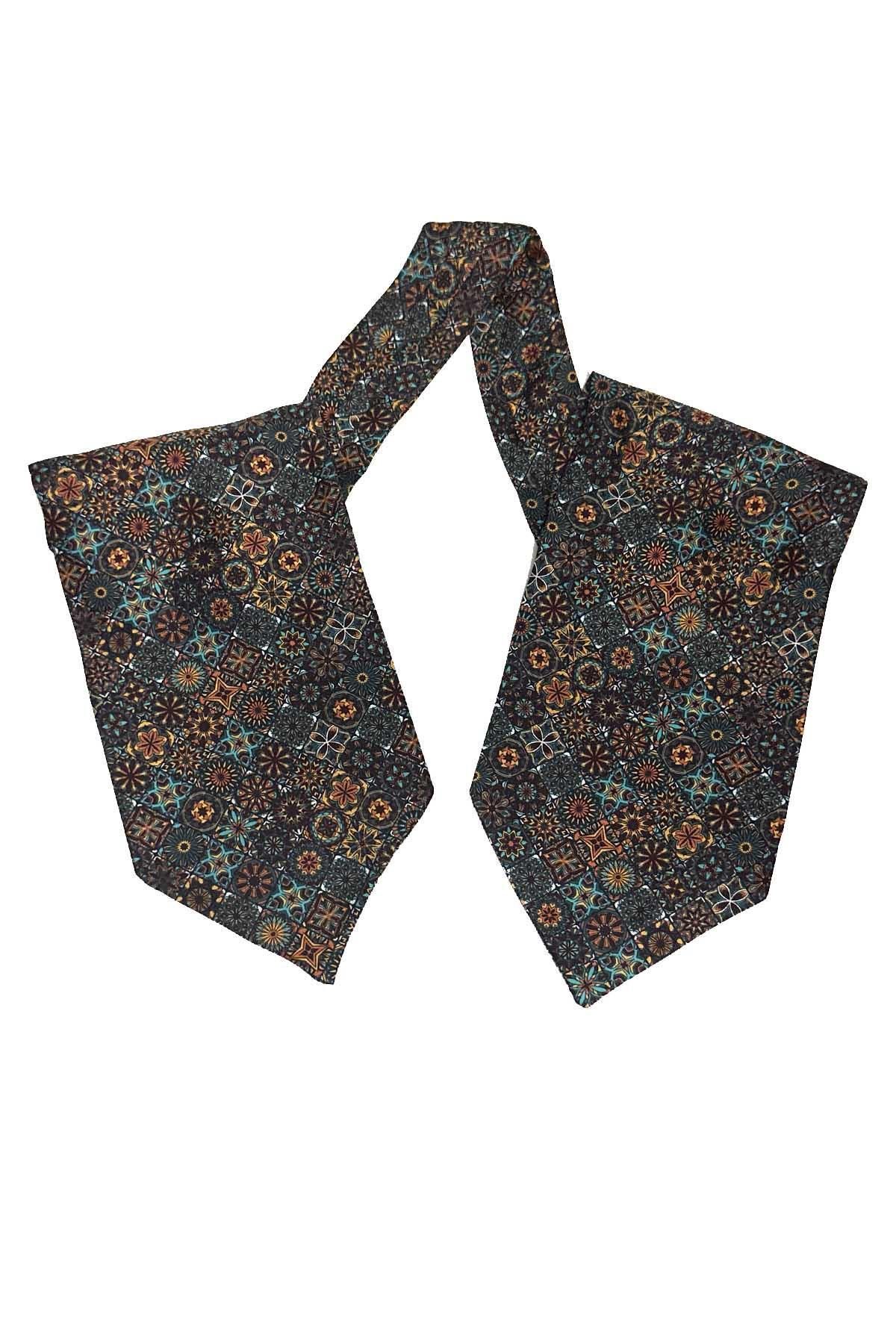 Kravatkolik-Multi-Colored Motif Pattern Italian Silk Men's Ascot K619 4