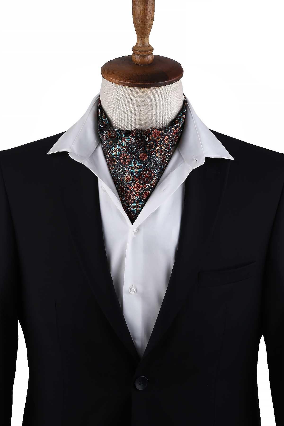 Kravatkolik-Multi-Colored Motif Pattern Italian Silk Men's Ascot K619 2