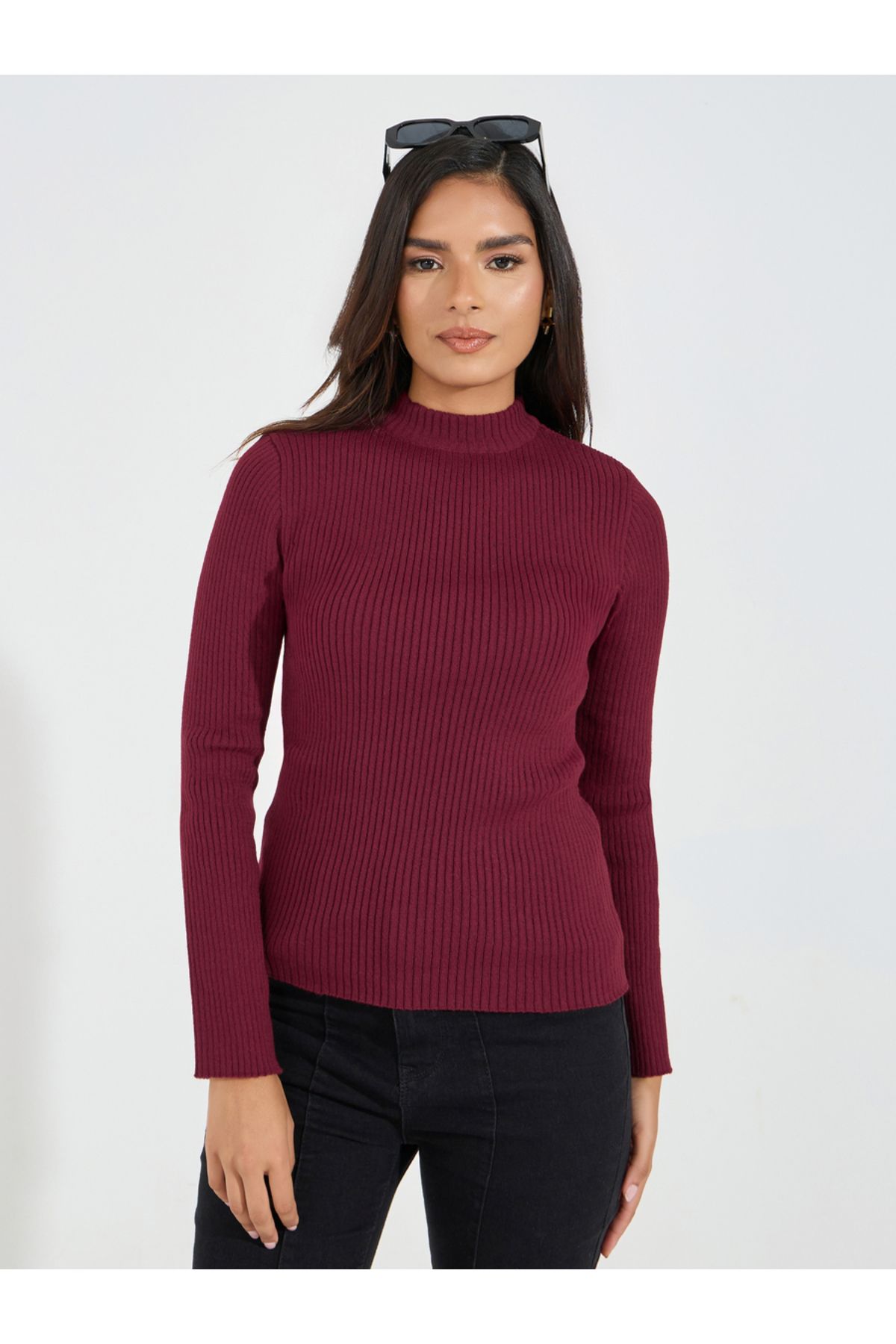 Styli-Ribbed Fitted Regular Length High Neck Sweater 3