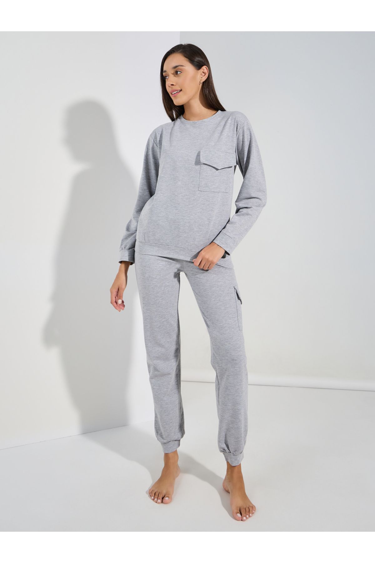 Styli-Solid Long Sleeves Pocket Top & Joggers Lounge Set 1