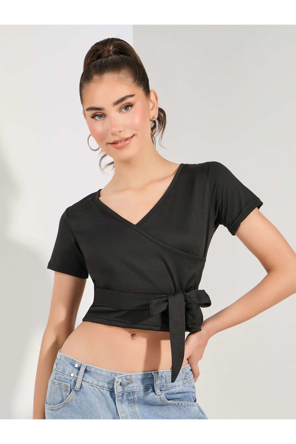 Take Two By Styli-Solid Wrap Front Crop Top 1