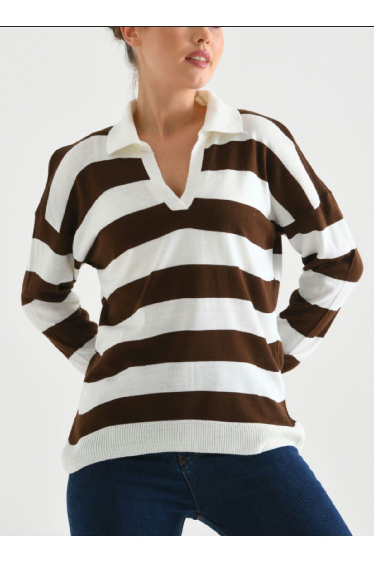 Podyumplus-Polo Neck Striped Knitwear Sweater 1