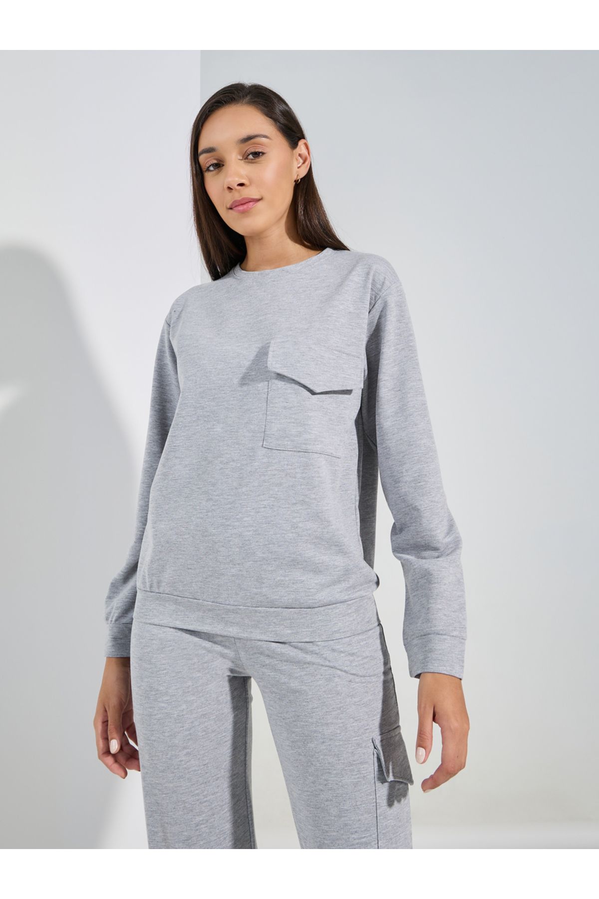 Styli-Solid Long Sleeves Pocket Top & Joggers Lounge Set 2