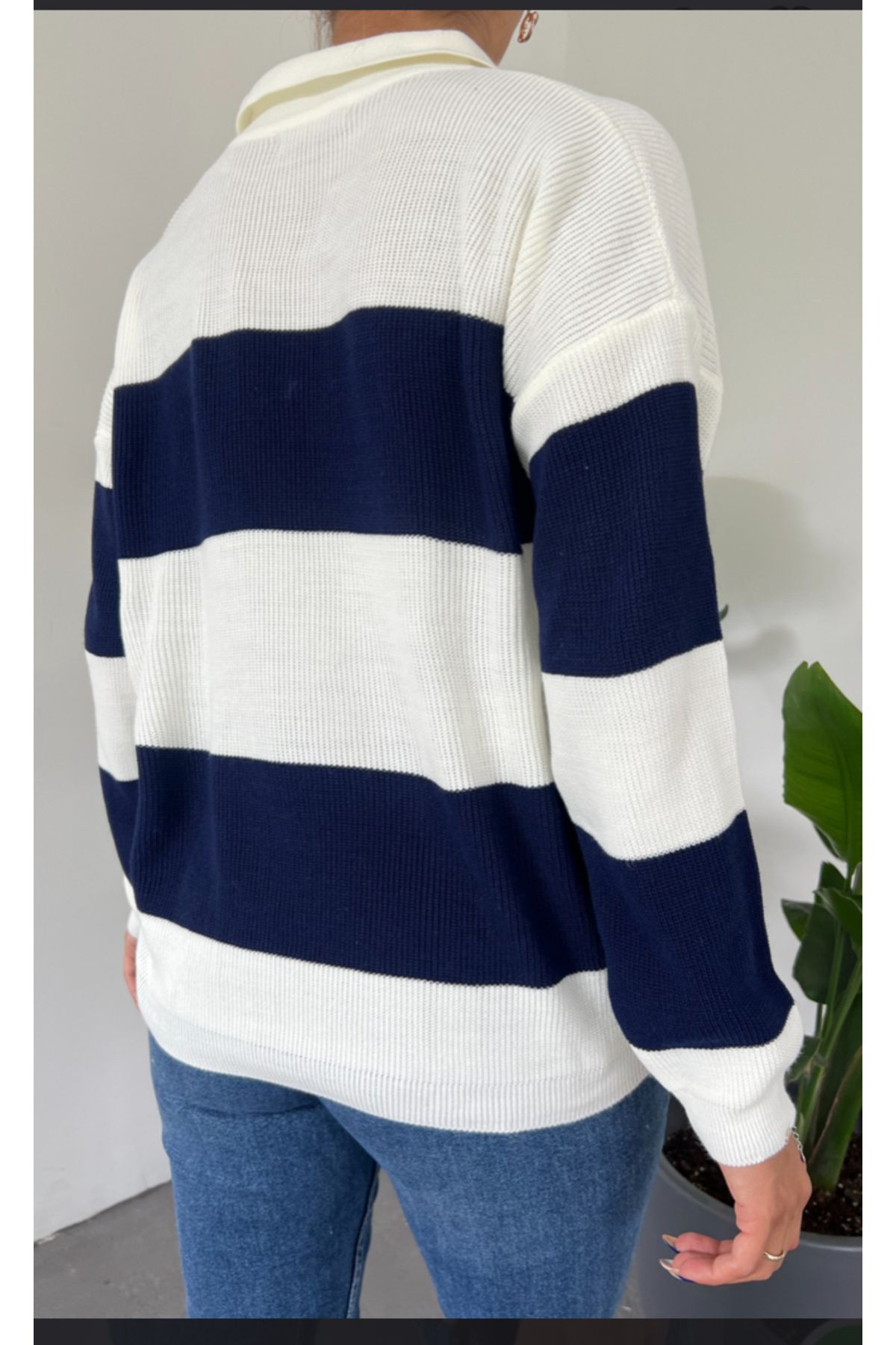 Podyumplus-Polo Neck Striped Knitwear Sweater 2