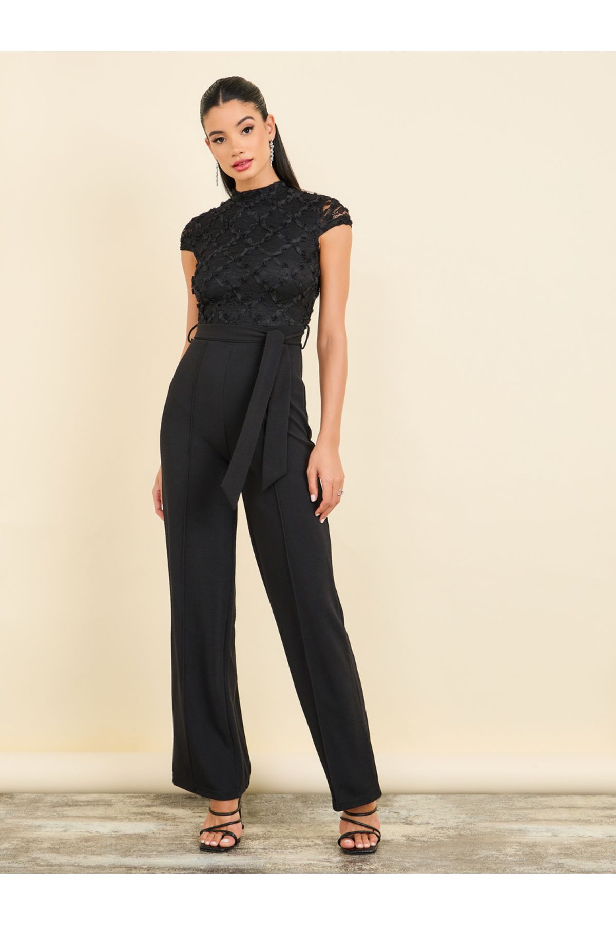 Styli-Floral Applique Lace Textured Wide Leg Jumpsuit with Self Tie Up 1