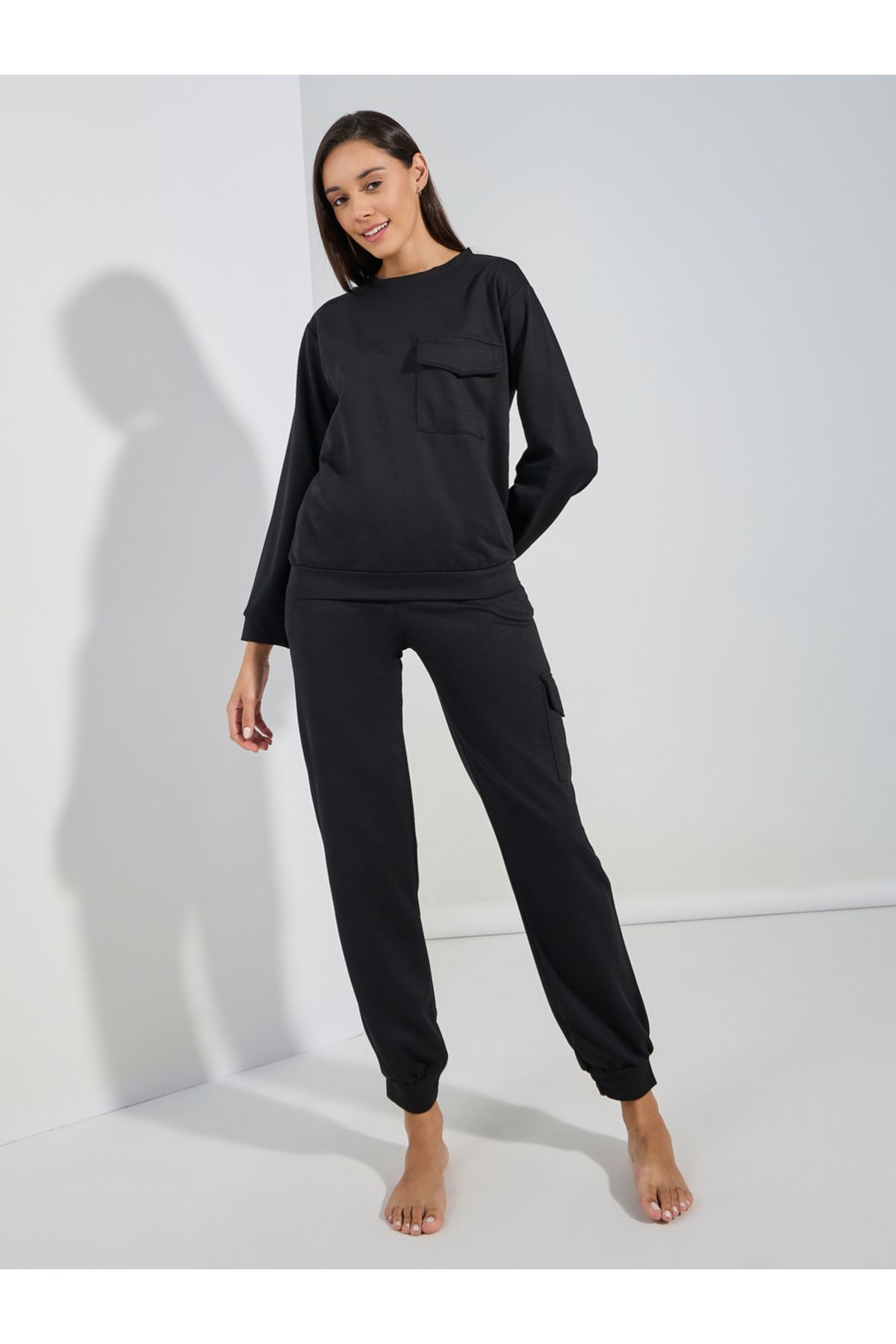 Styli-Solid Long Sleeves Pocket Top & Joggers Lounge Set 2