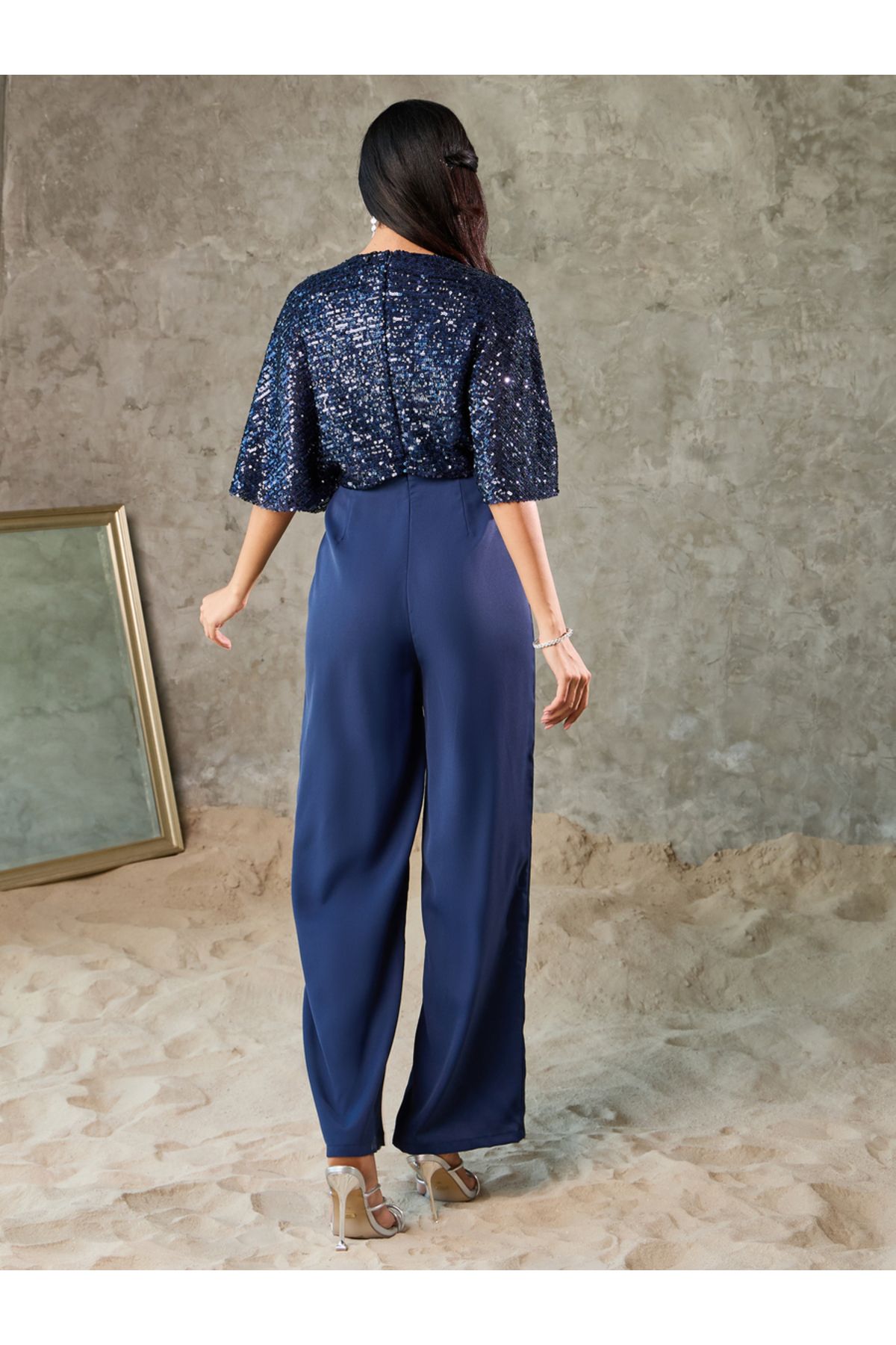 Styli-Sequin Cape Sleeve Wide Leg Jumpsuit 4