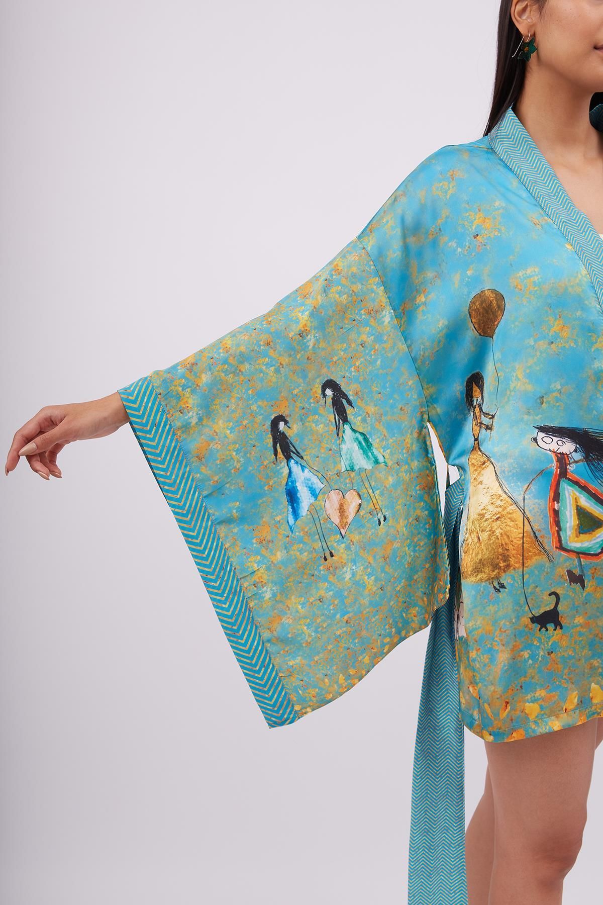 Peraluna-Turquoise Joy Short Kimono Printed Satin Women's Kimono 6