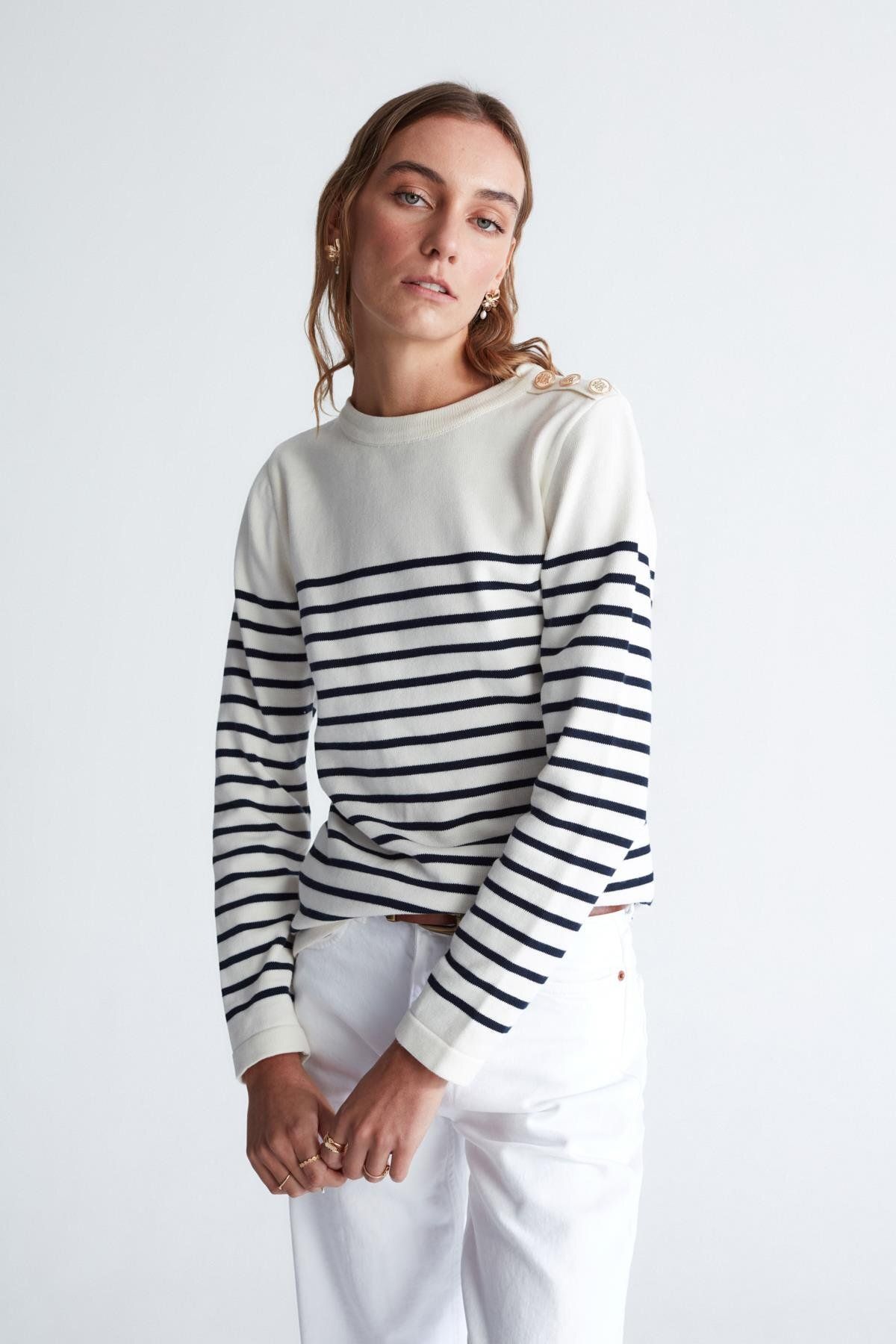 Peraluna-Styleboom X Audrey Pullover Shoulder Buttoned Striped Organic Cotton Seasonal Women's Knitwear Sweater 5