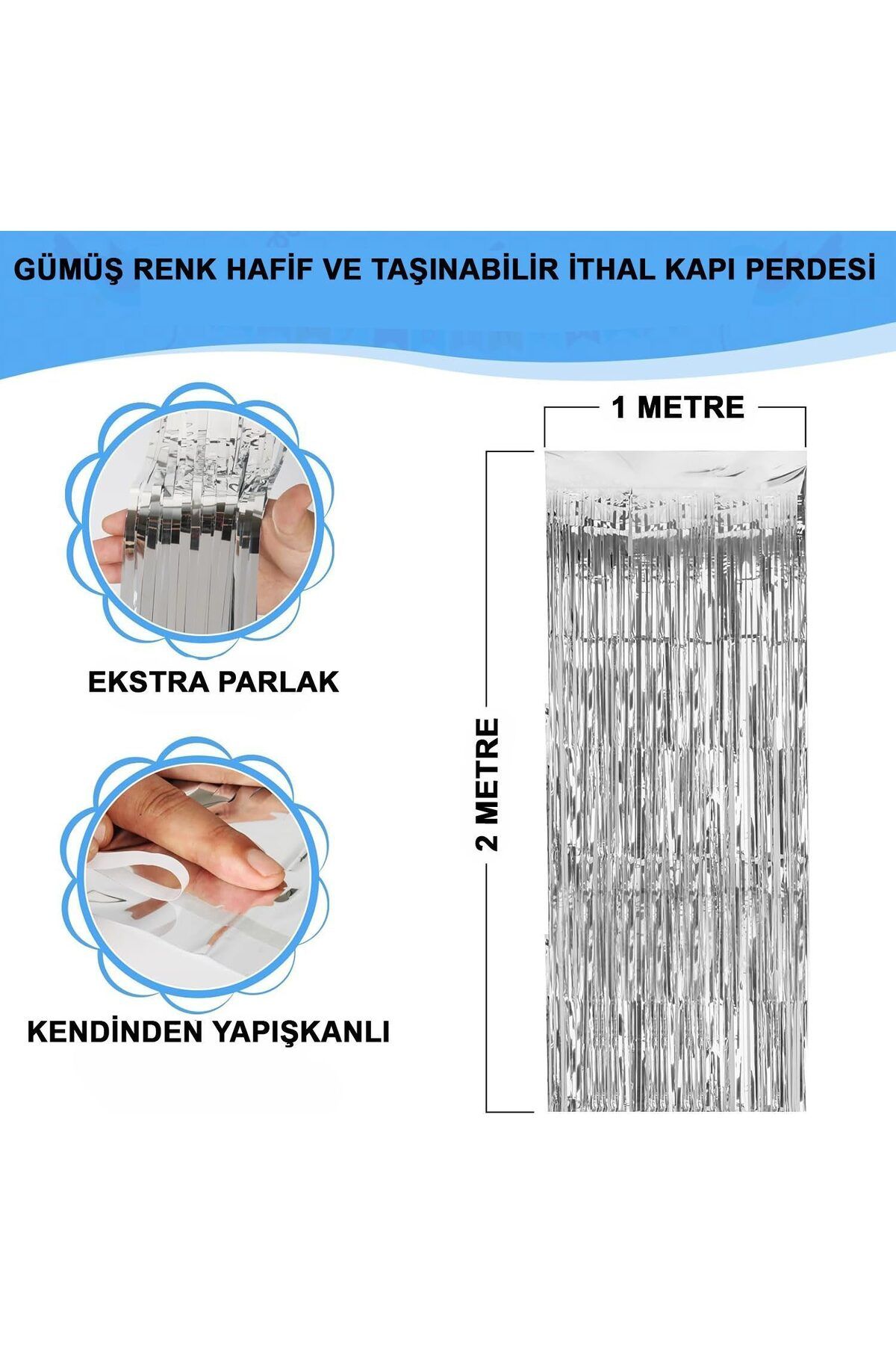 Kareem Gümüş Renk Ekstra Metalize Parlak Saçaklı Arka Fon Perde İthal A Kalite 1x2 Metre (Lisinya) -