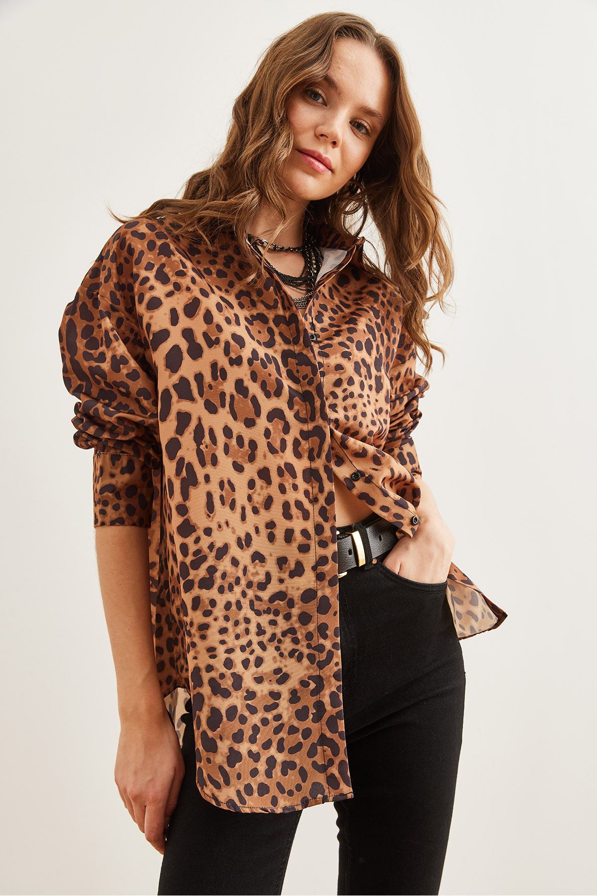 Olalook-Női Camel Leopard Hidden Placket Poplin ing GML- 19000867 5