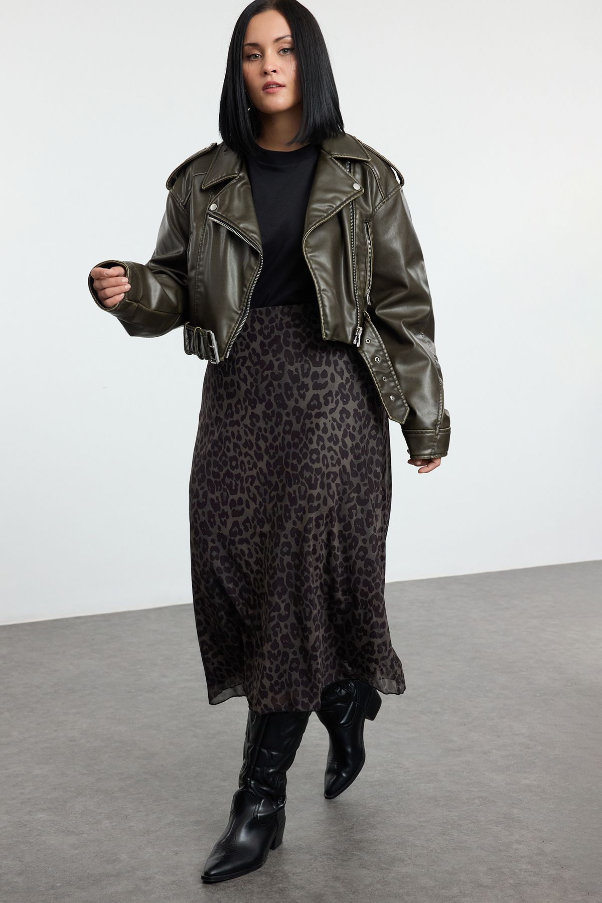 Trendyol Curve-Plus Size Khaki A-Line Leopard Print Tulle Skirt - Tbbaw25Az00006 6