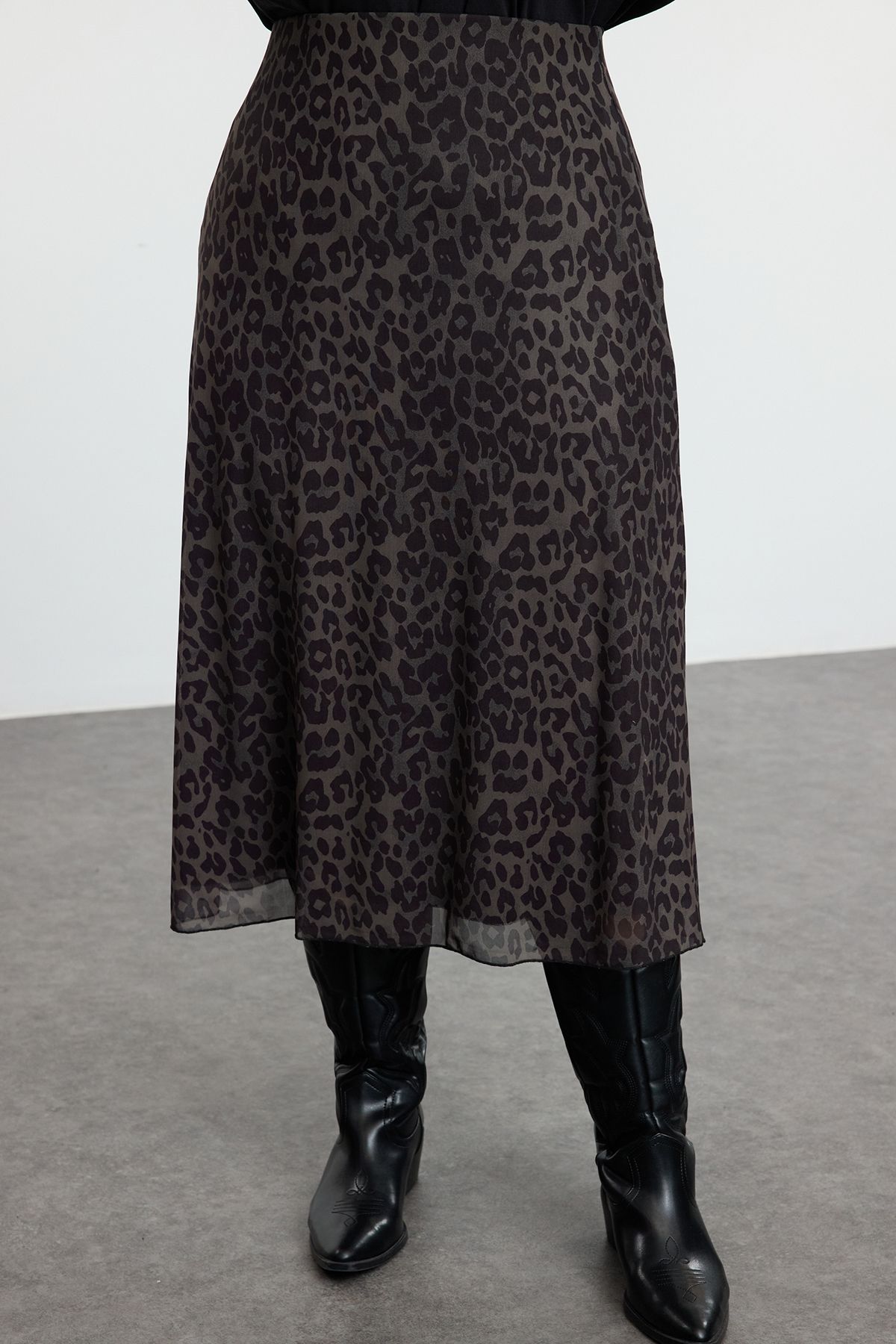 Trendyol Curve-Plus Size Khaki A-Line Leopard Print Tulle Skirt - Tbbaw25Az00006 8