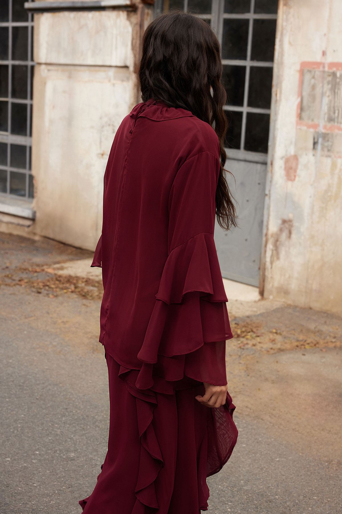 Trendyol Modest-X Ai Burgundsko Rukávy Volán Šifon Tunika Tctaw25Uk00010 9