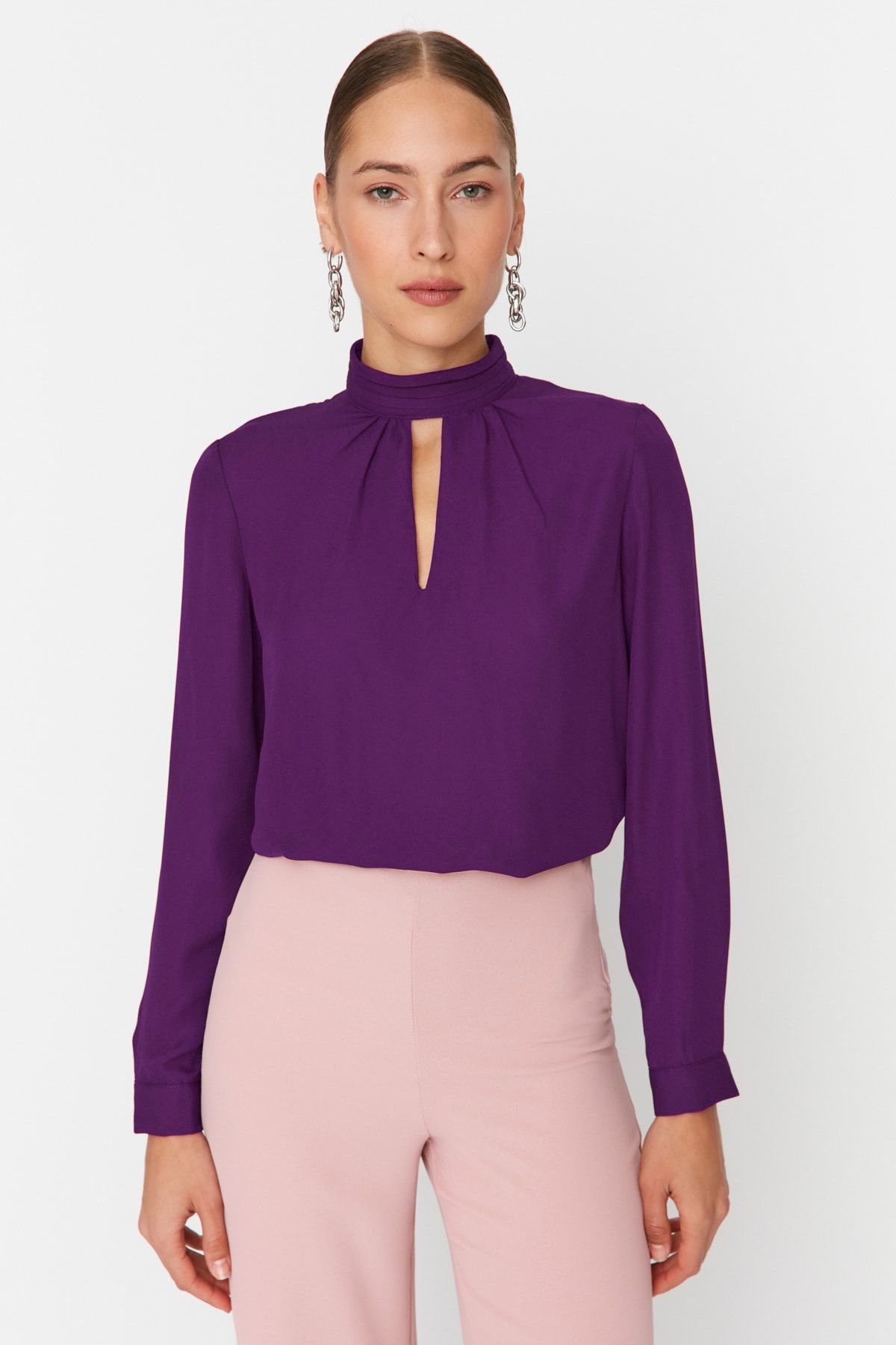 Trendyol Collection-Bluză țesută cu guler înalt prune TWOAW20BZ0462 1