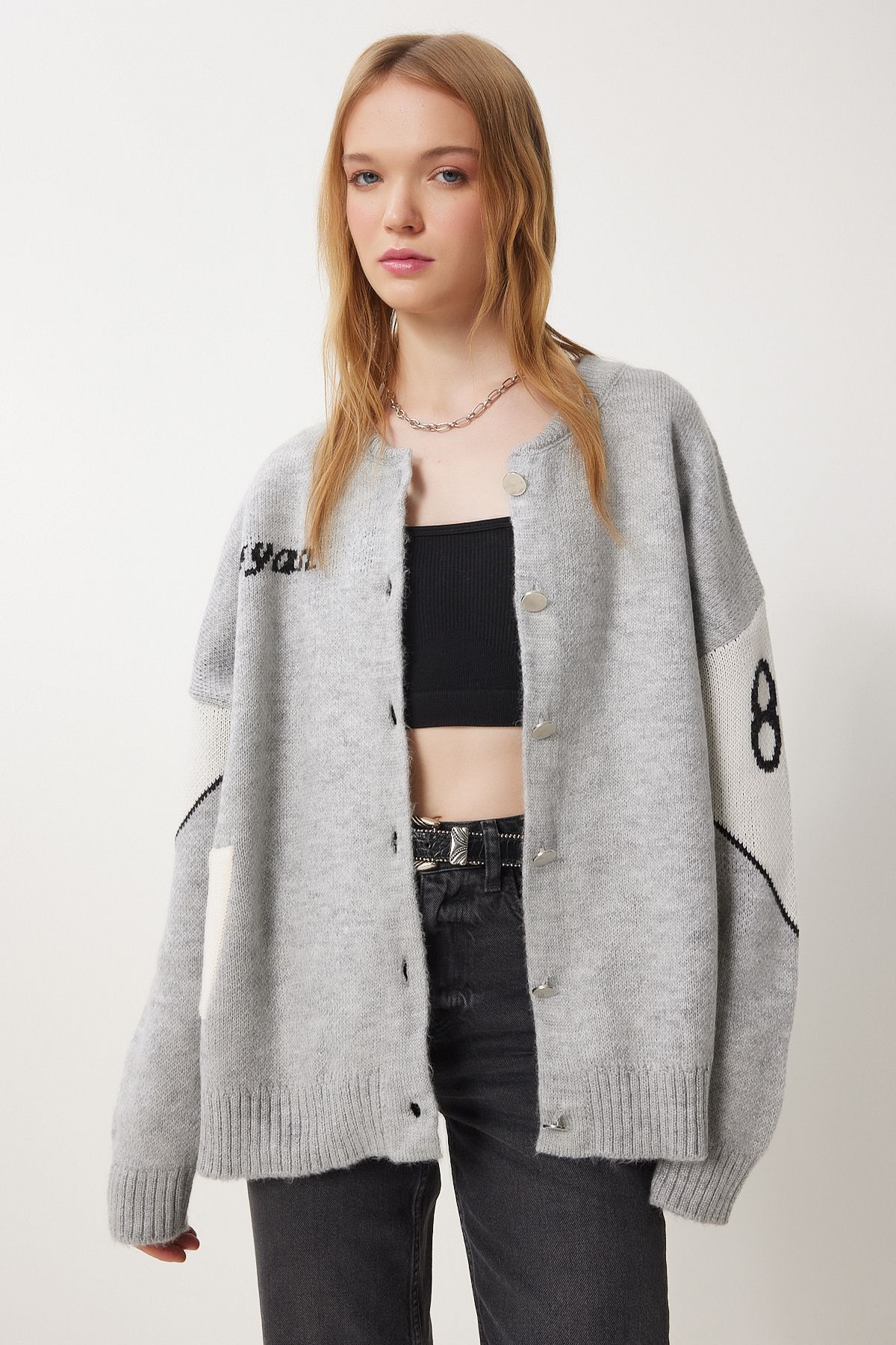 Happiness İstanbul-Jachetă tricotată cu slogan gri pentru femei Cardigan DP00218 4