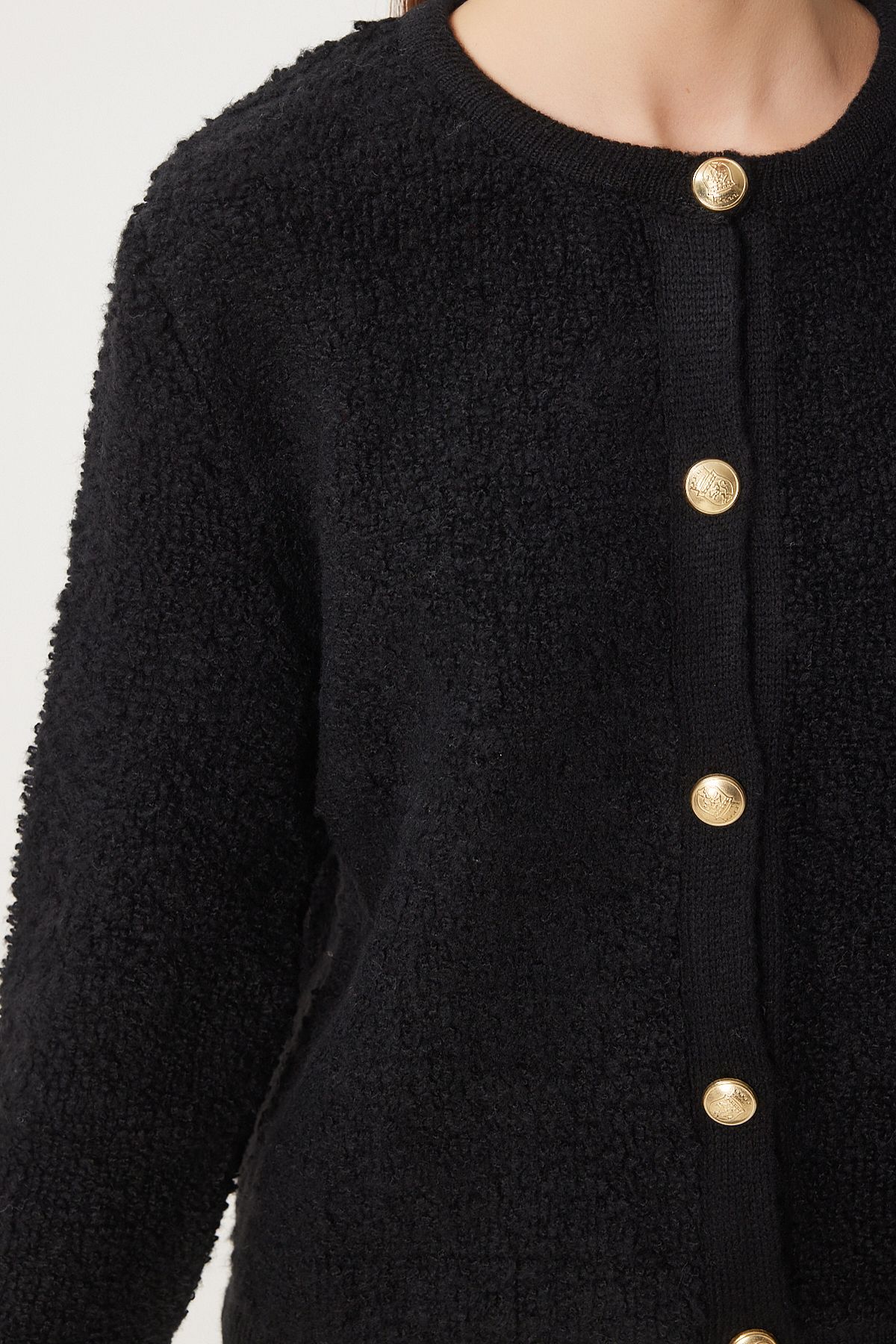 Happiness İstanbul-Schwarze Bouclé-Strickjacke für Damen, Cardigan YY00117 3