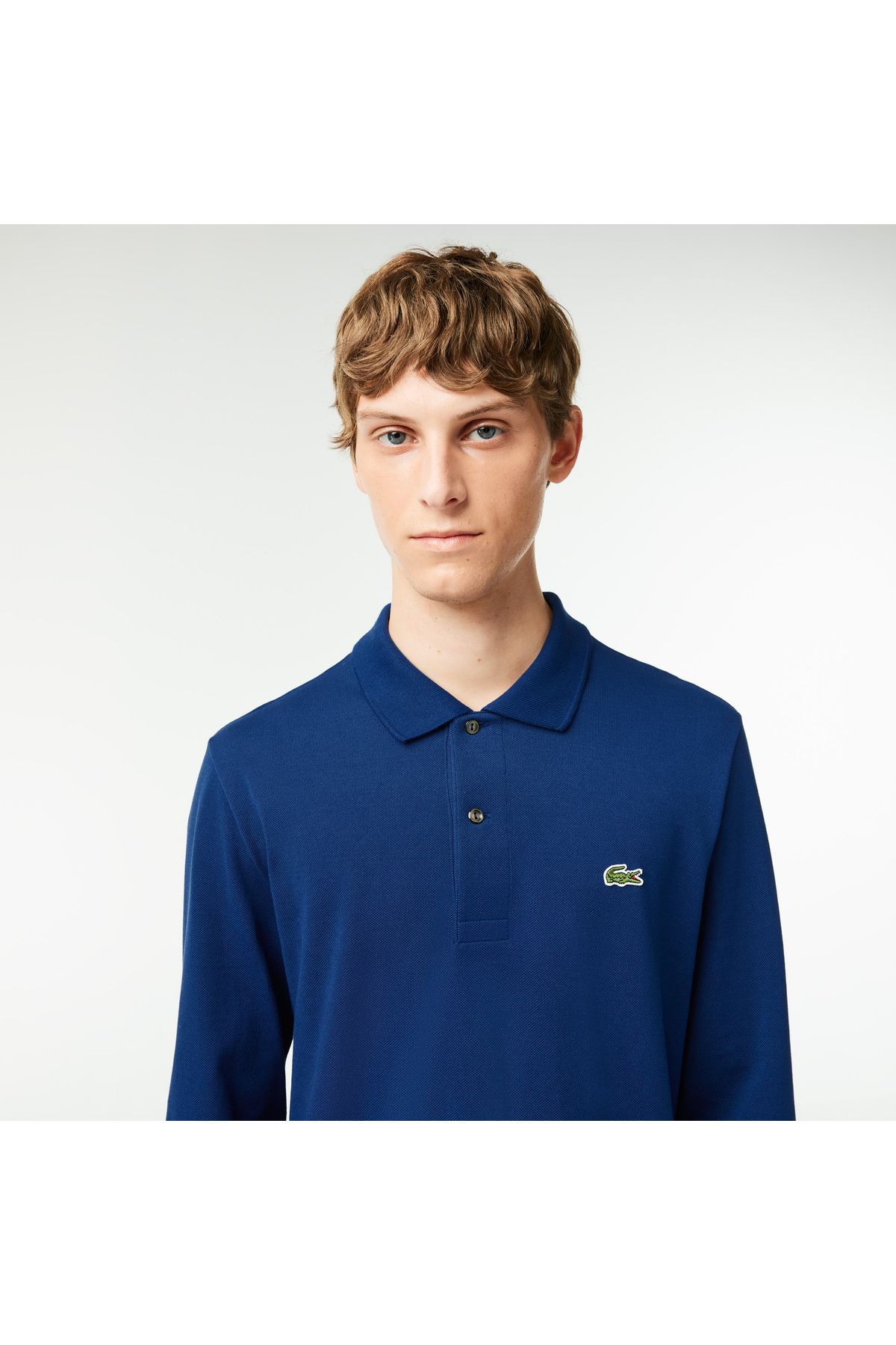 تی شرت یقه پولو آبی مردانه آستین بلند و مناسب کلاسیک L.12.12 چوگان تیره Lacoste