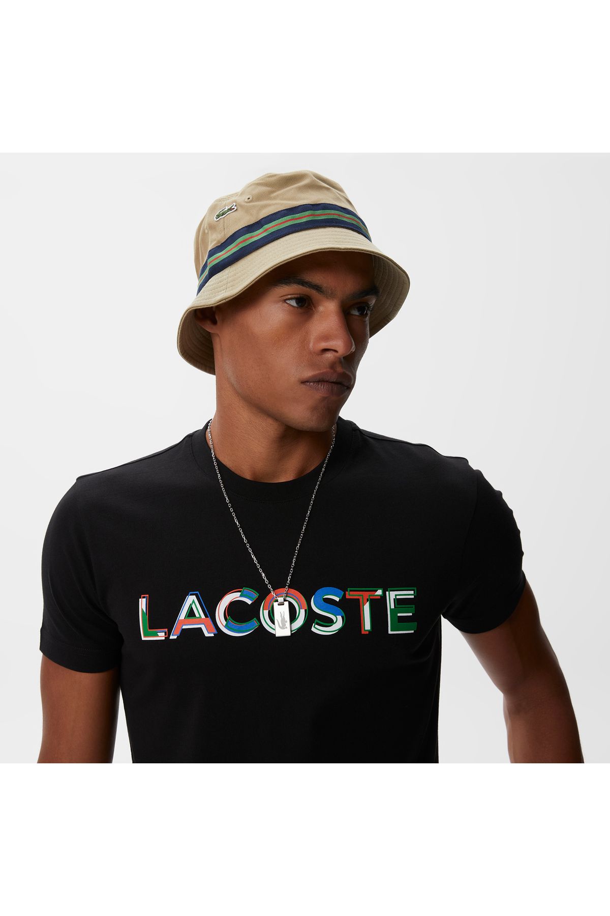 تی شرت مشکی مردانه سیاه یقه دوچرخه مناسب طرح دار Lacoste