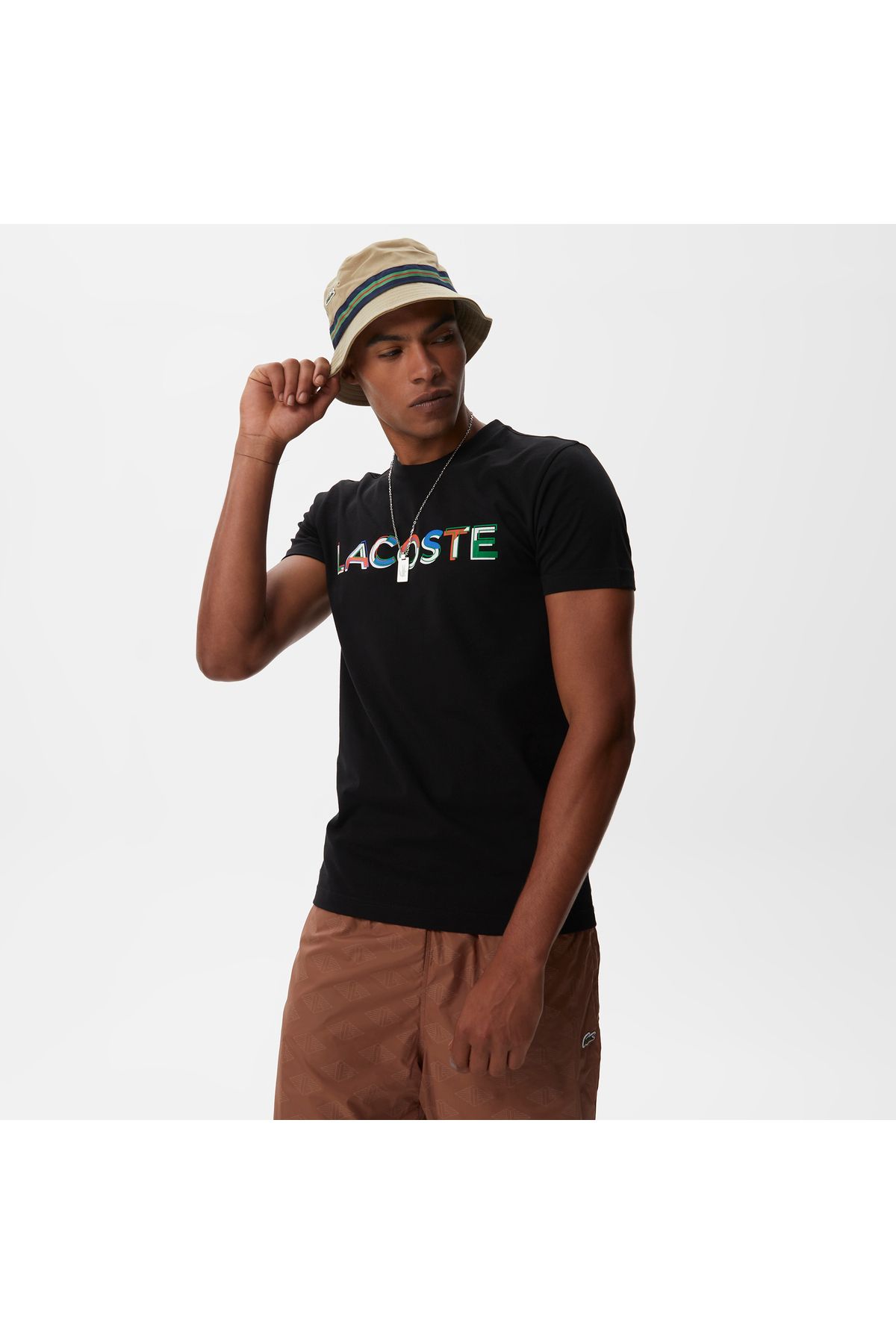 تی شرت مشکی مردانه سیاه یقه دوچرخه مناسب طرح دار Lacoste
