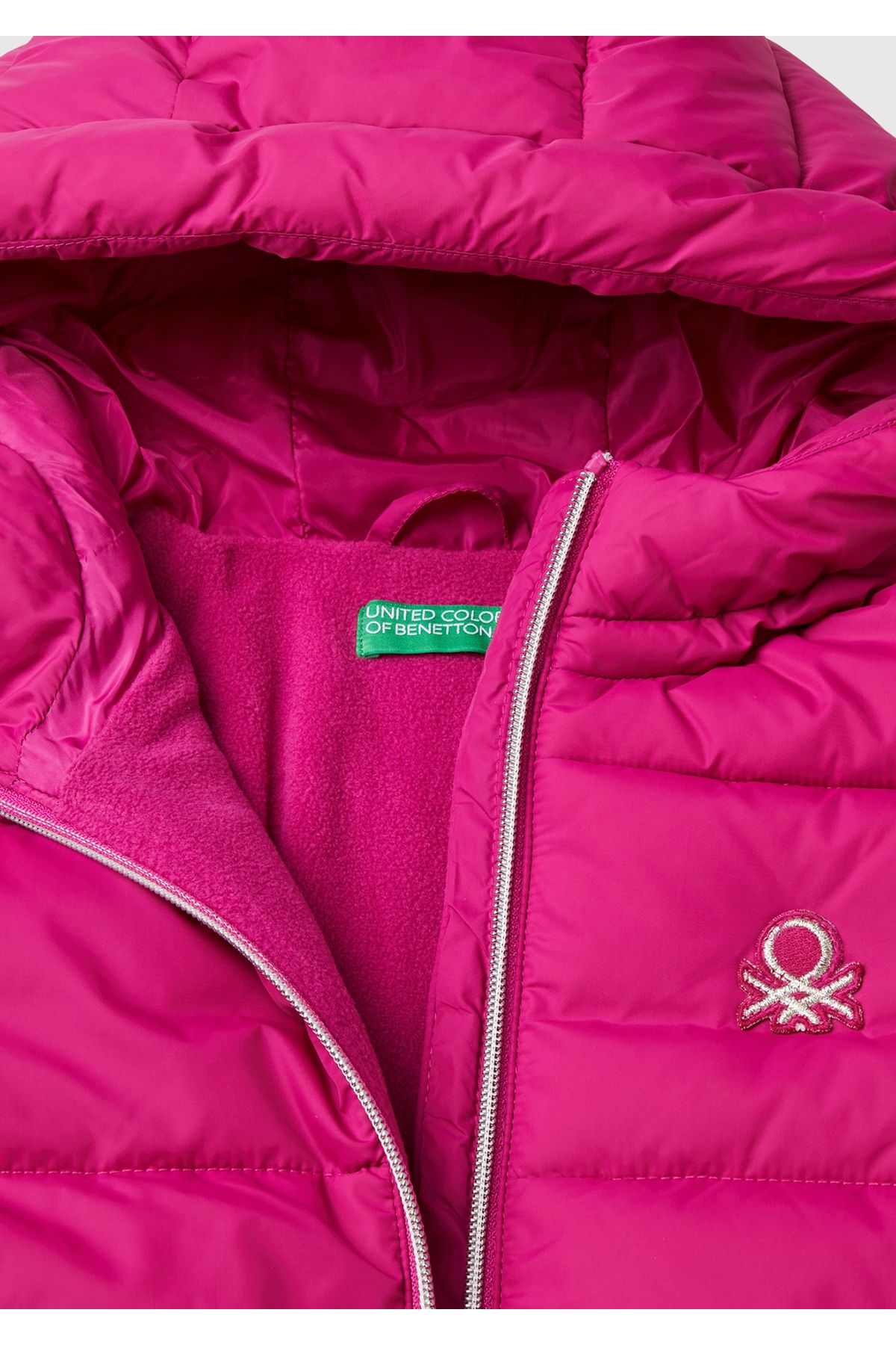 United Colors of Benetton-Girl's Fuchsia Left Chest Logo Embroidered Pocket Hooded High Collar Coat 3