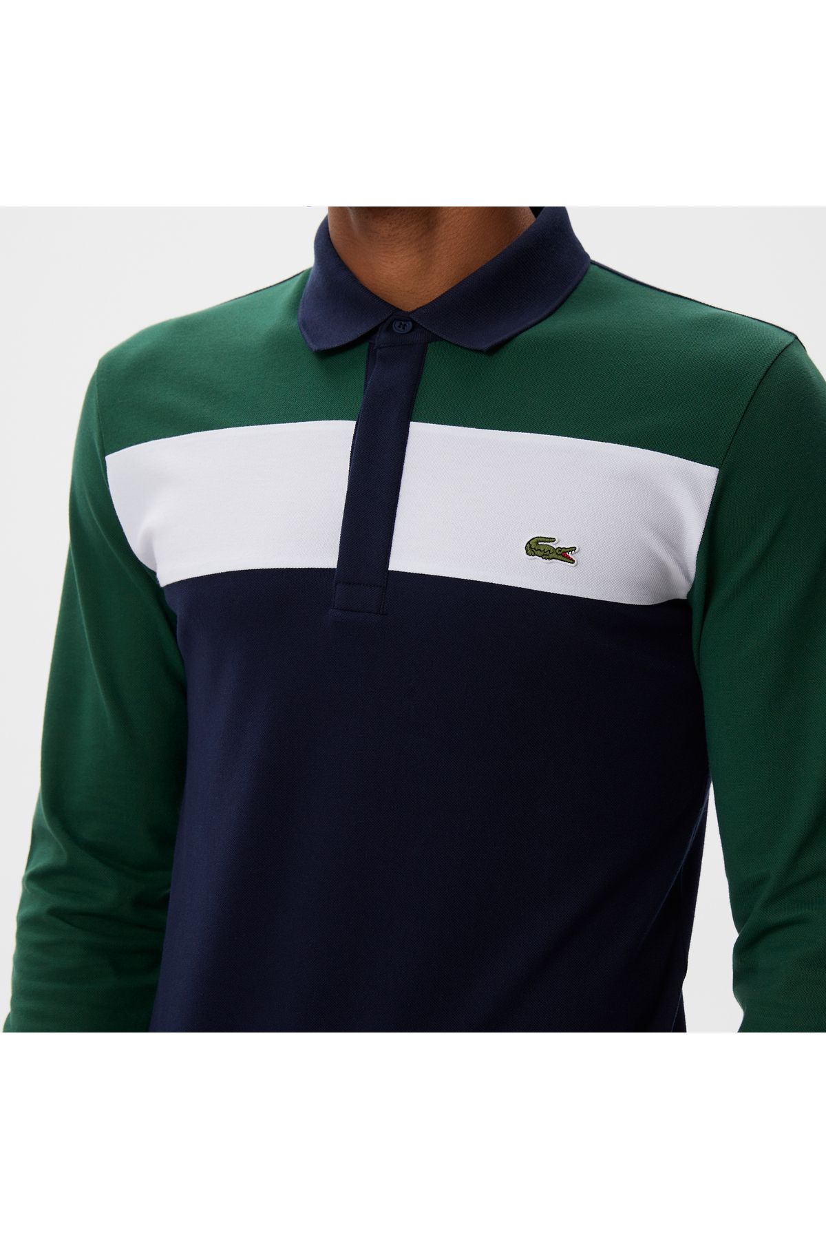 تی شرت یقه پولو آبی مردانه بلوک رنگ آستین بلند و باریک ، چوگان دریایی Lacoste