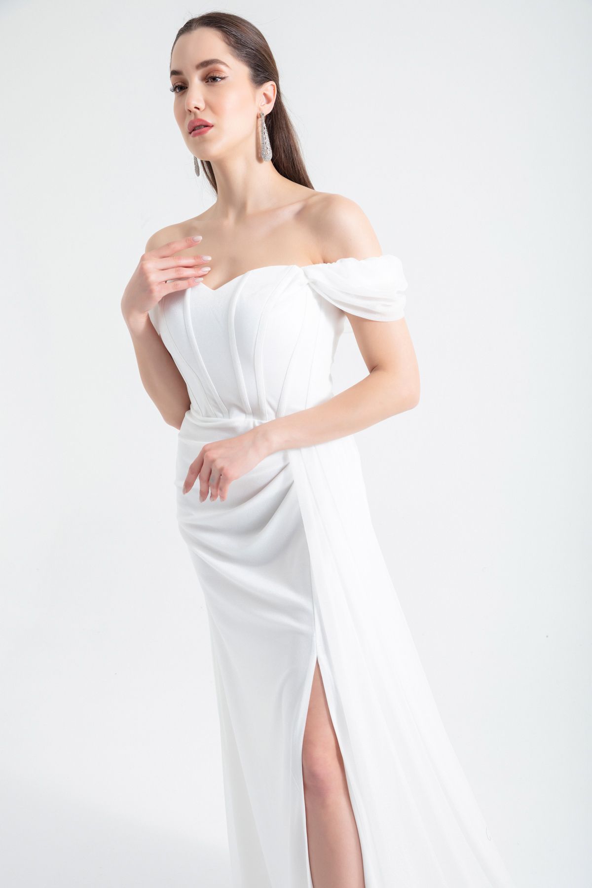 Lafaba-Women's White Underwire Corset Detailed Glitter Long Evening Dress 4