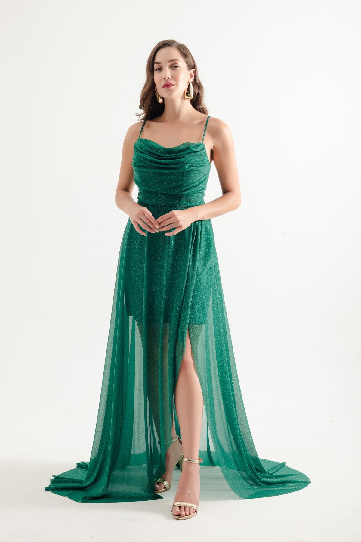 Lafaba-Emerald Green Glittery Draped Flounced Women's Evening Dress 2