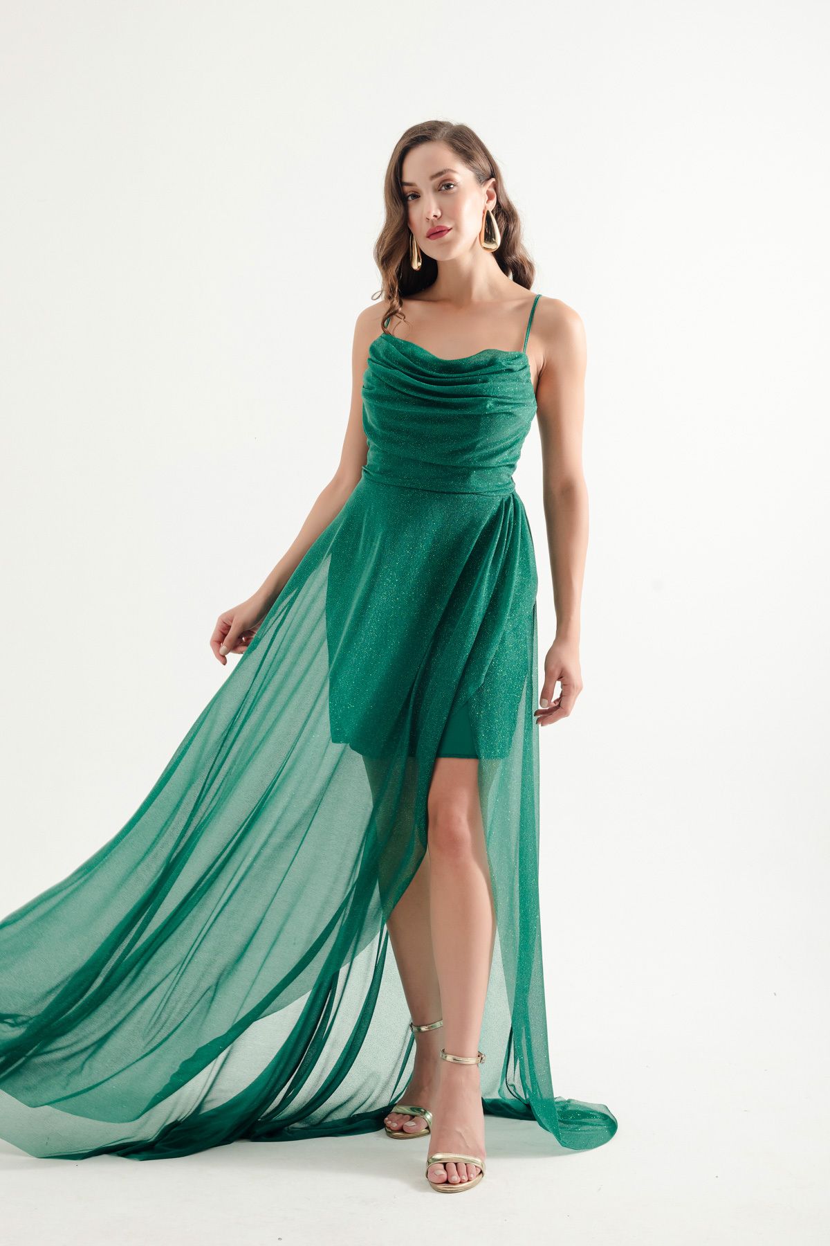 Lafaba-Emerald Green Glittery Draped Flounced Women's Evening Dress 1