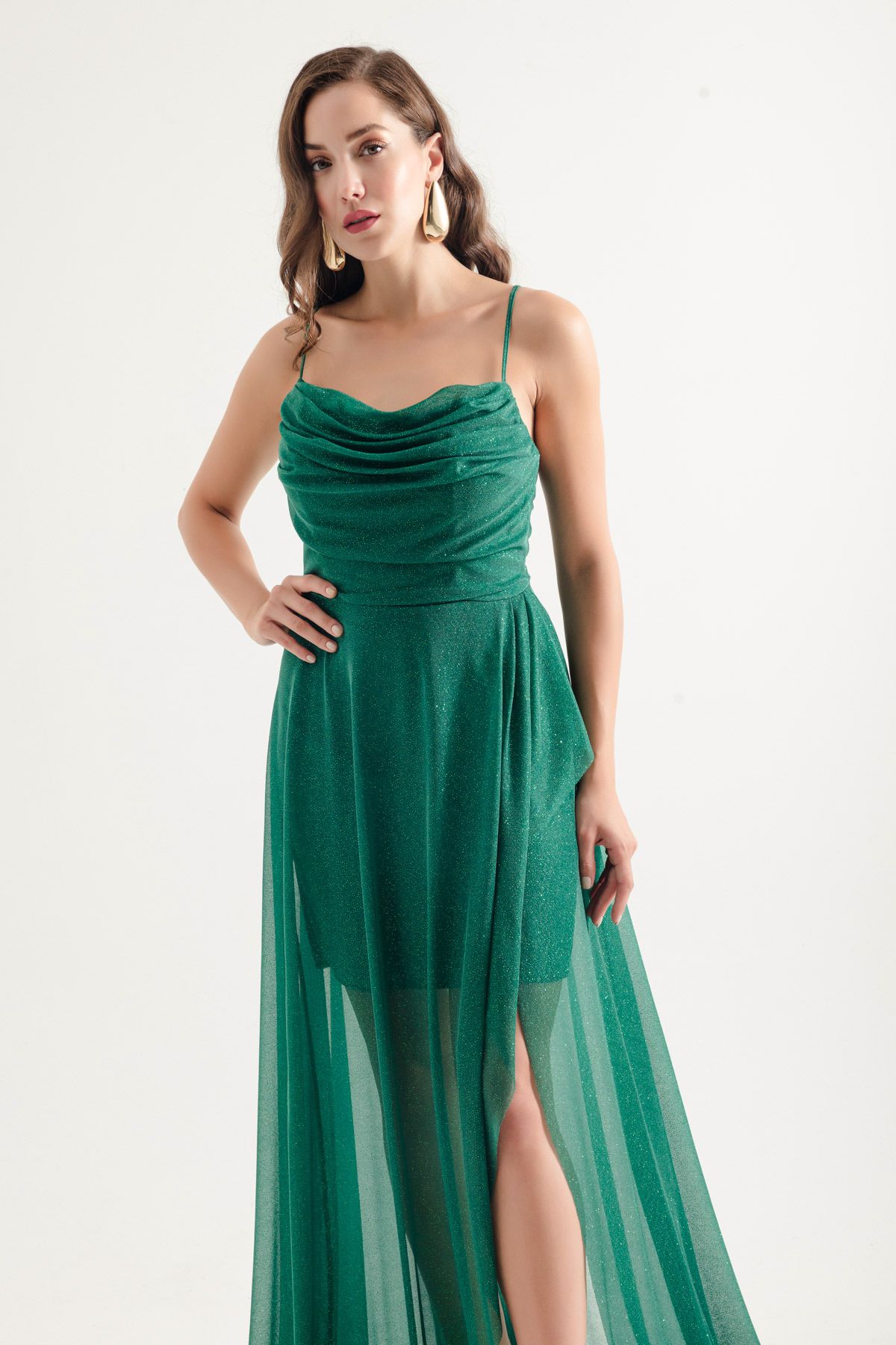 Lafaba-Emerald Green Glittery Draped Flounced Women's Evening Dress 3