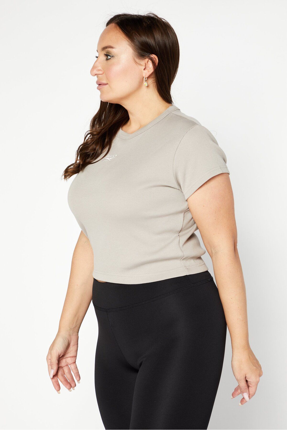 Reebok-Women Plus Size Round Neck Brand Crop Top, Brown 3