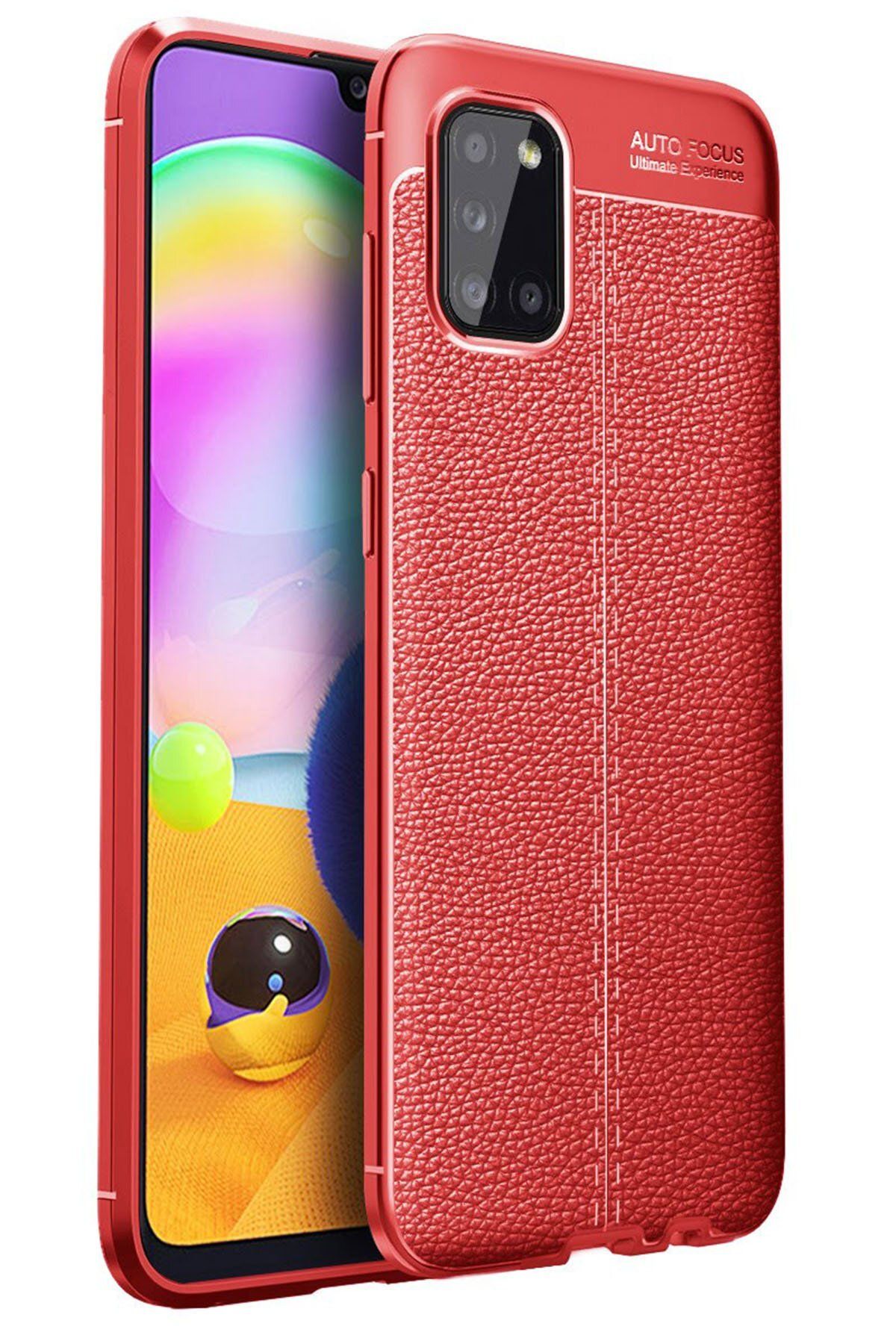 NewFace Samsung Galaxy A31 Kılıf Focus Derili Silikon - Kırmızı ZRNET