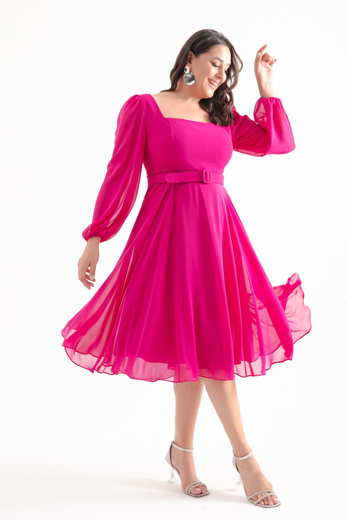 Lafaba-Fuchsia Midi Chiffon Evening Dress - Large Size Dress with Square Collar and Belt 1