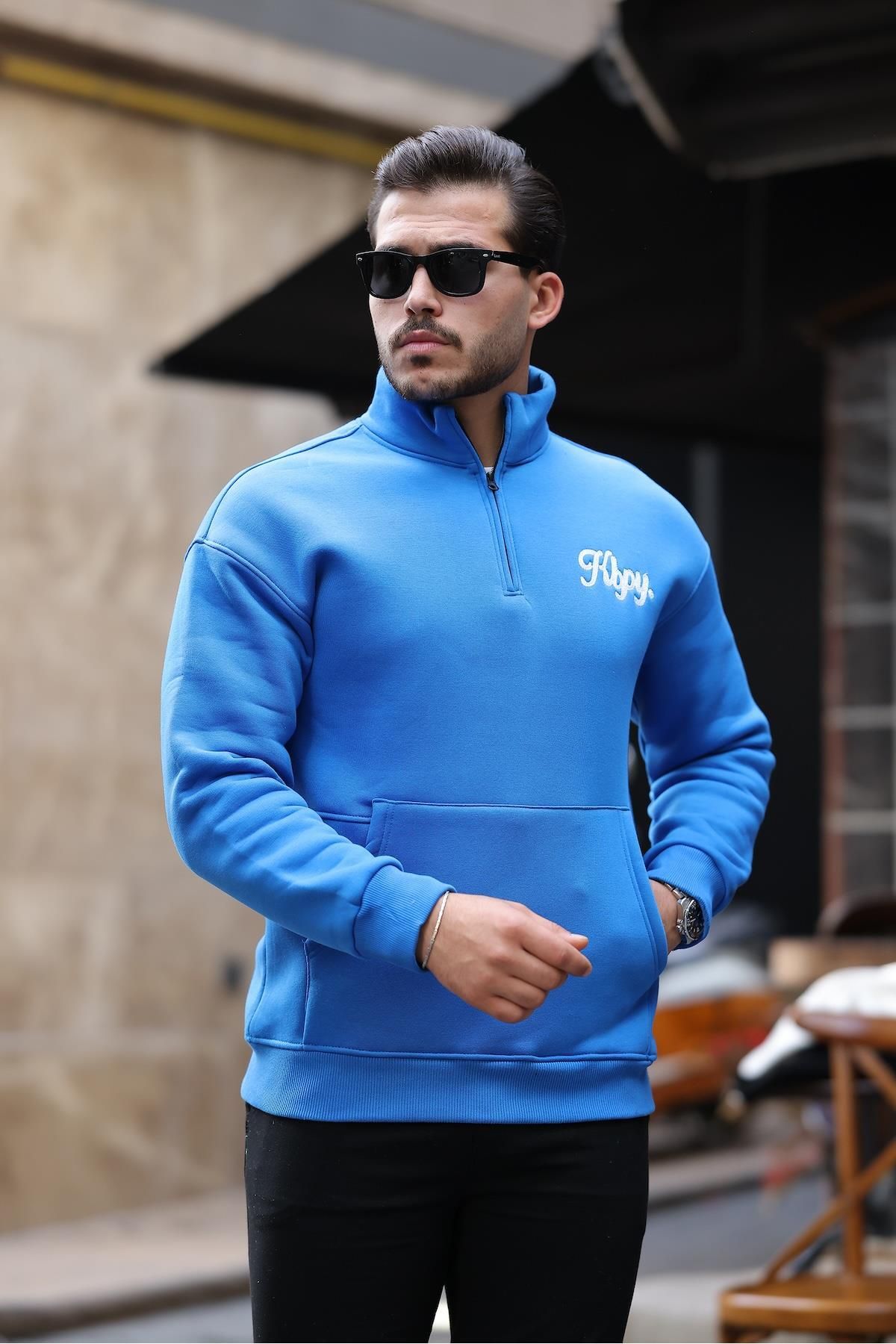 Valiberta-Blue Cozy Kangaroo Embroidered Raised Half Zipper Sweatshirt 3