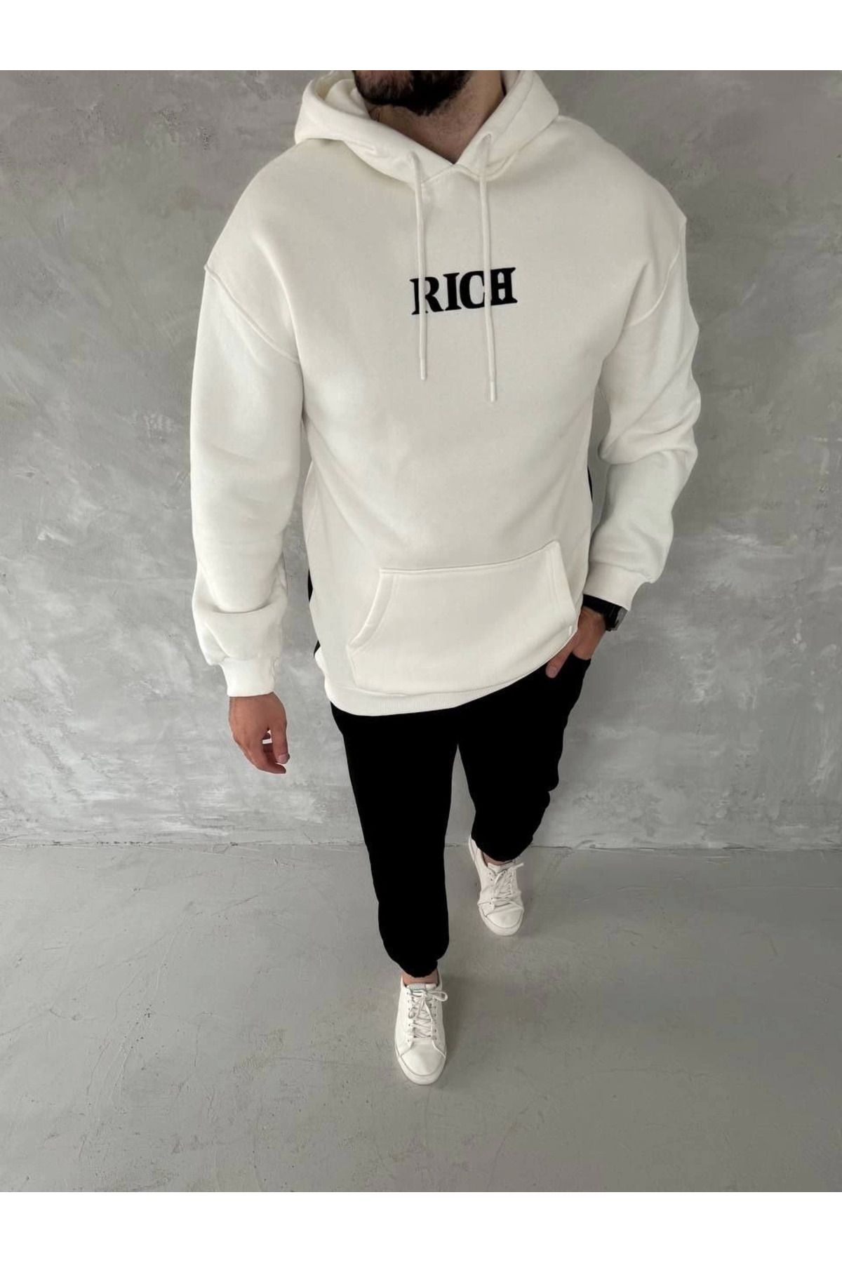Pink Stil Uzun Kol Kapüşonlu Göğüs Baskılı SweatShirt - Beyaz Pink Stil