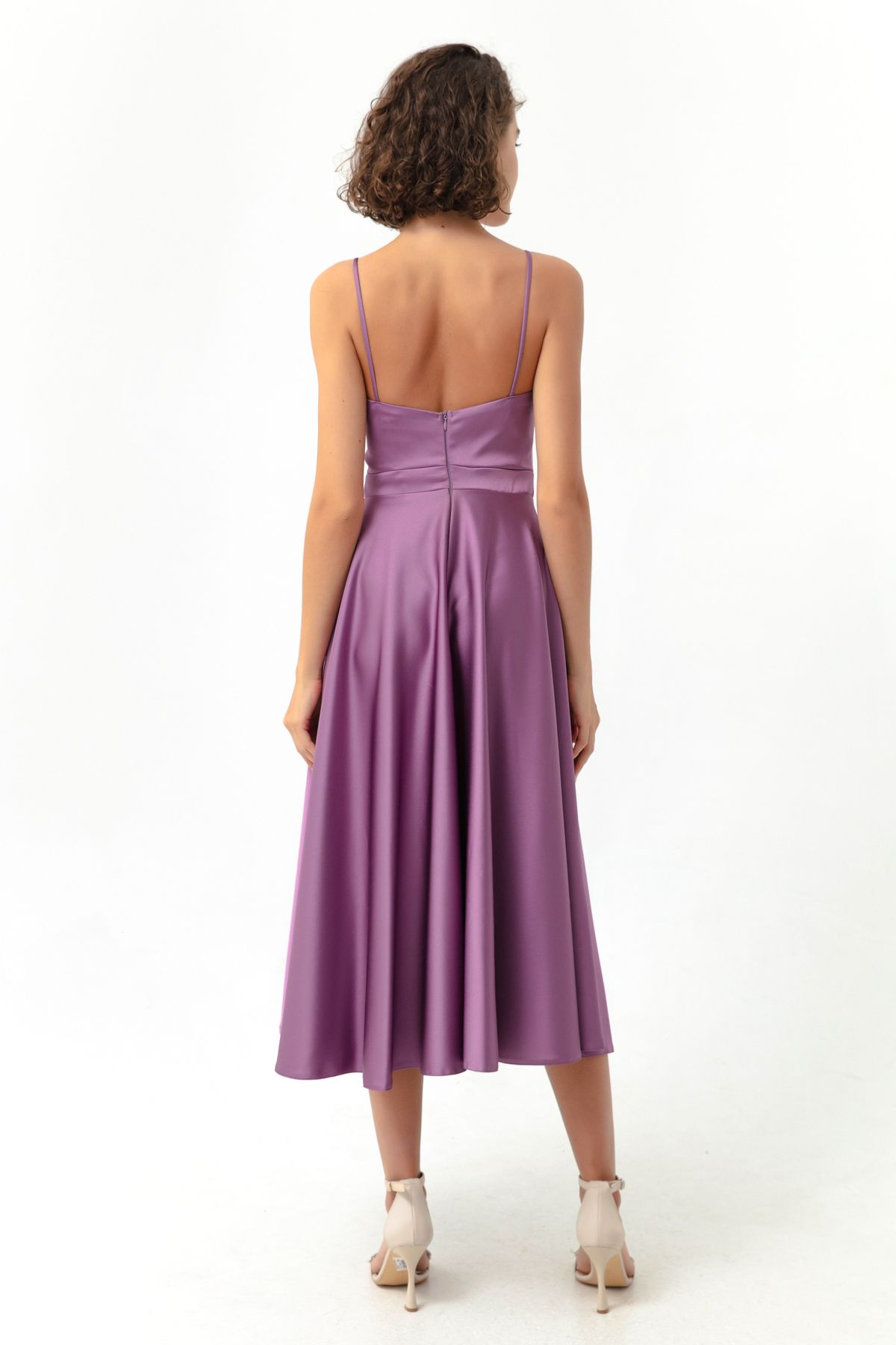 Lafaba-Lavendelfarbenes Abendkleid aus Midi-Satin mit dünnen Trägern für Damen 5