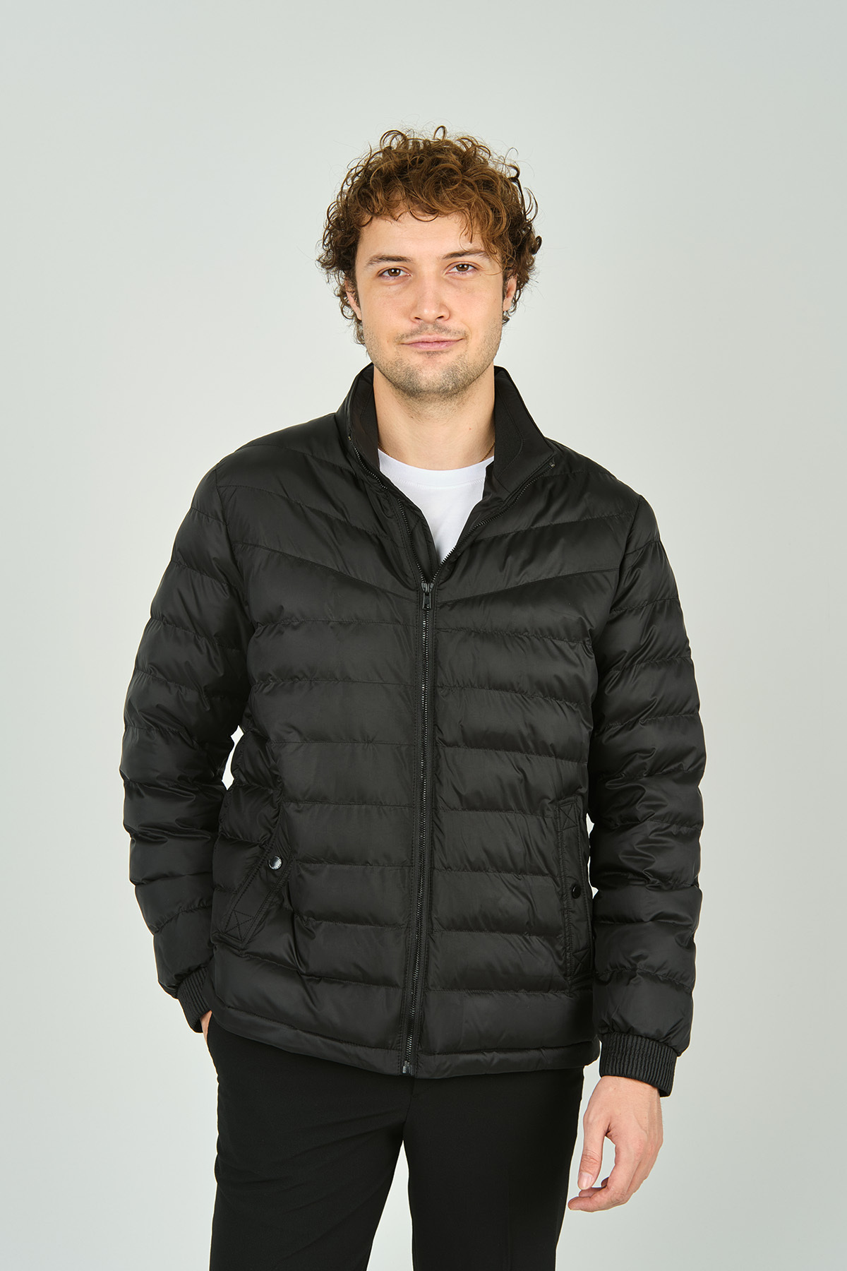 Allegro-Men's Chief Collar Zipper Closure Pocket Detailed Quilted Puffer Jacket 7360 Black 3
