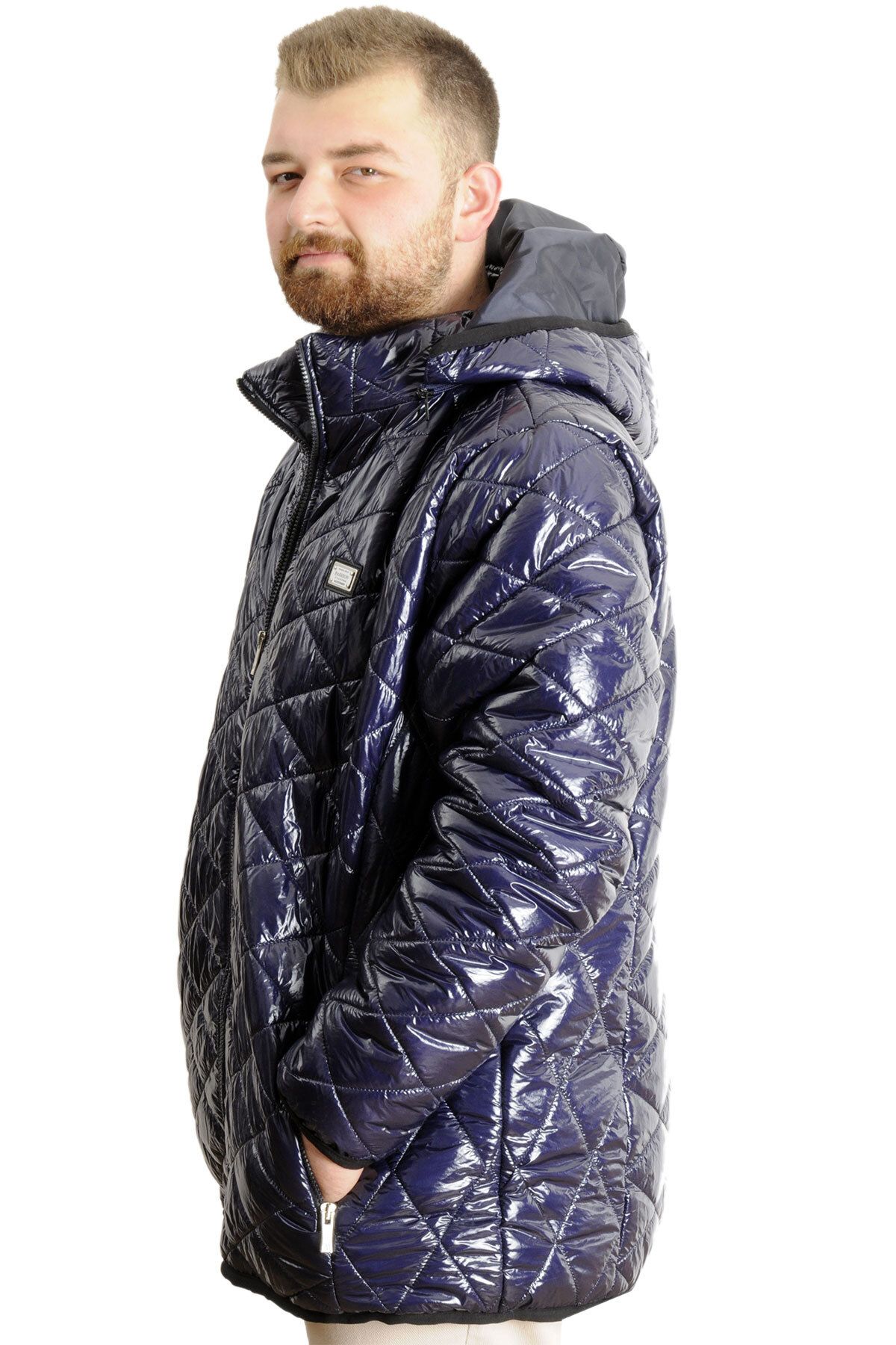 ModeXL-Mode XL Large Size Men's Hooded Coat Quilted 23636 Indigo 2