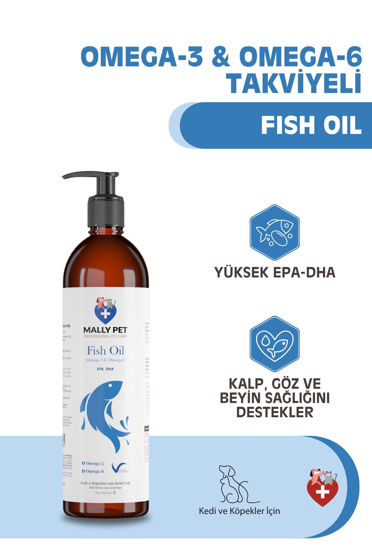 MALLY PET PROFESSIONEL PET CARE Kedi Ve Köpekler Için Omega 3 Ve Omega 6 Takviyeli Balık Yağı 200 ml