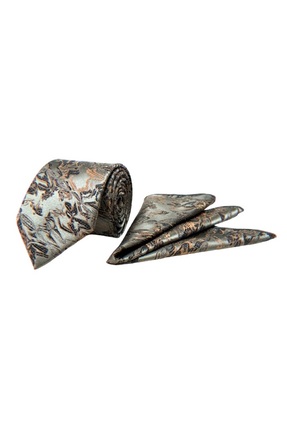 VENCHY Gri Somon Batik Desen Mendilli Kravat 7741-7MK