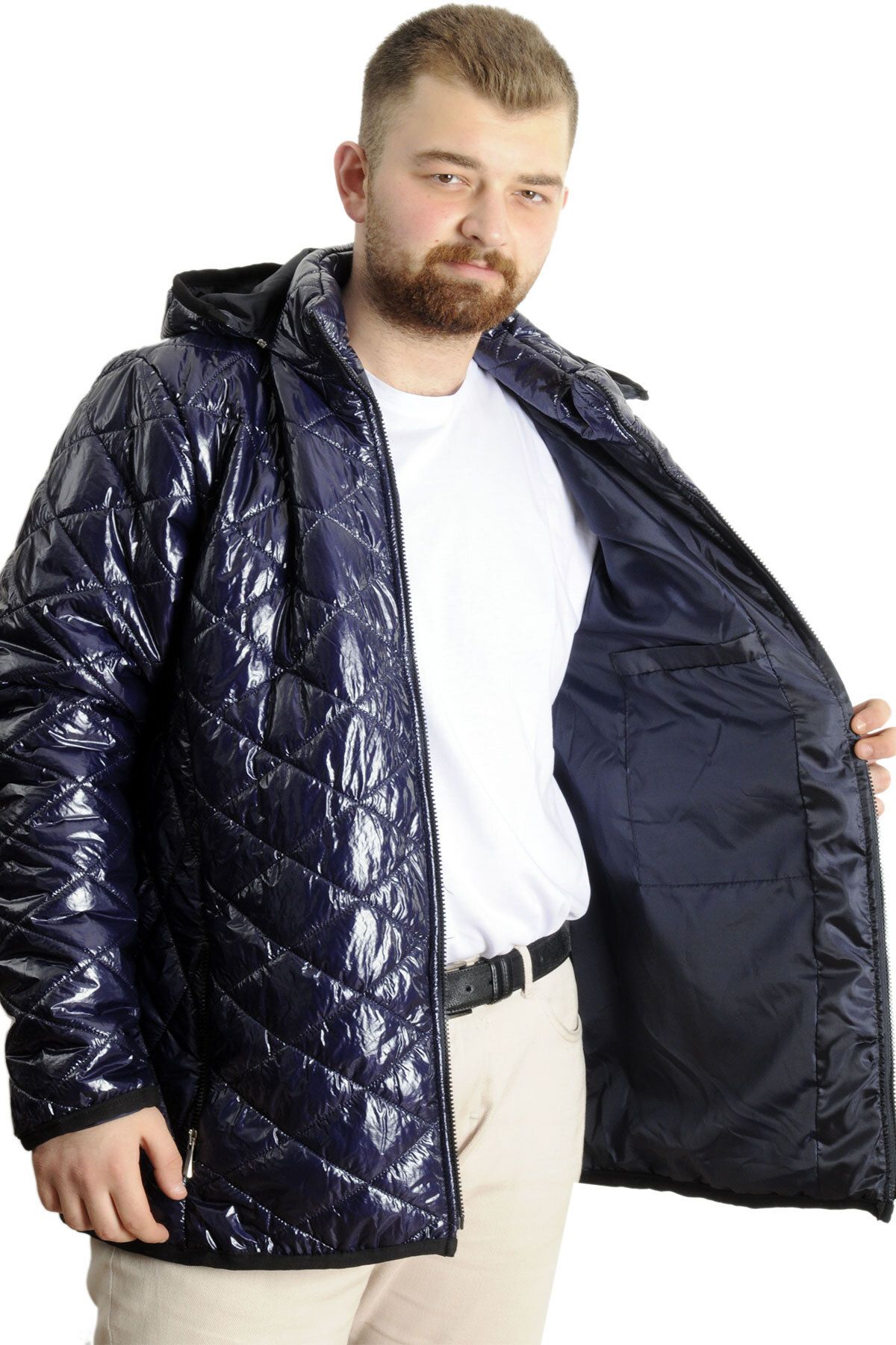 ModeXL-Mode XL Large Size Men's Hooded Coat Quilted 23636 Indigo 5