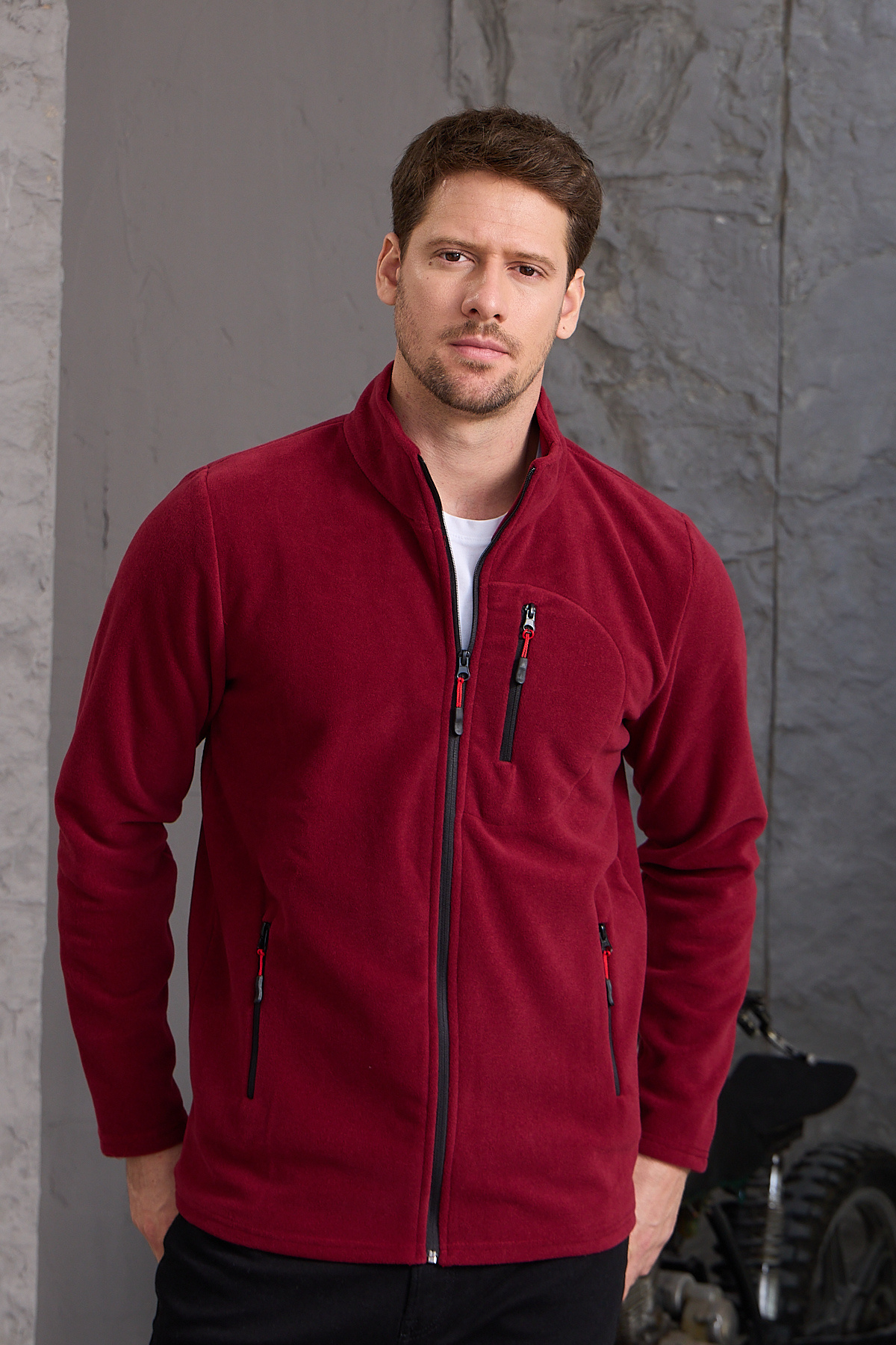 COMBINE Bordo Renk Fermuarlı 3 Cepli Polar - BORDO